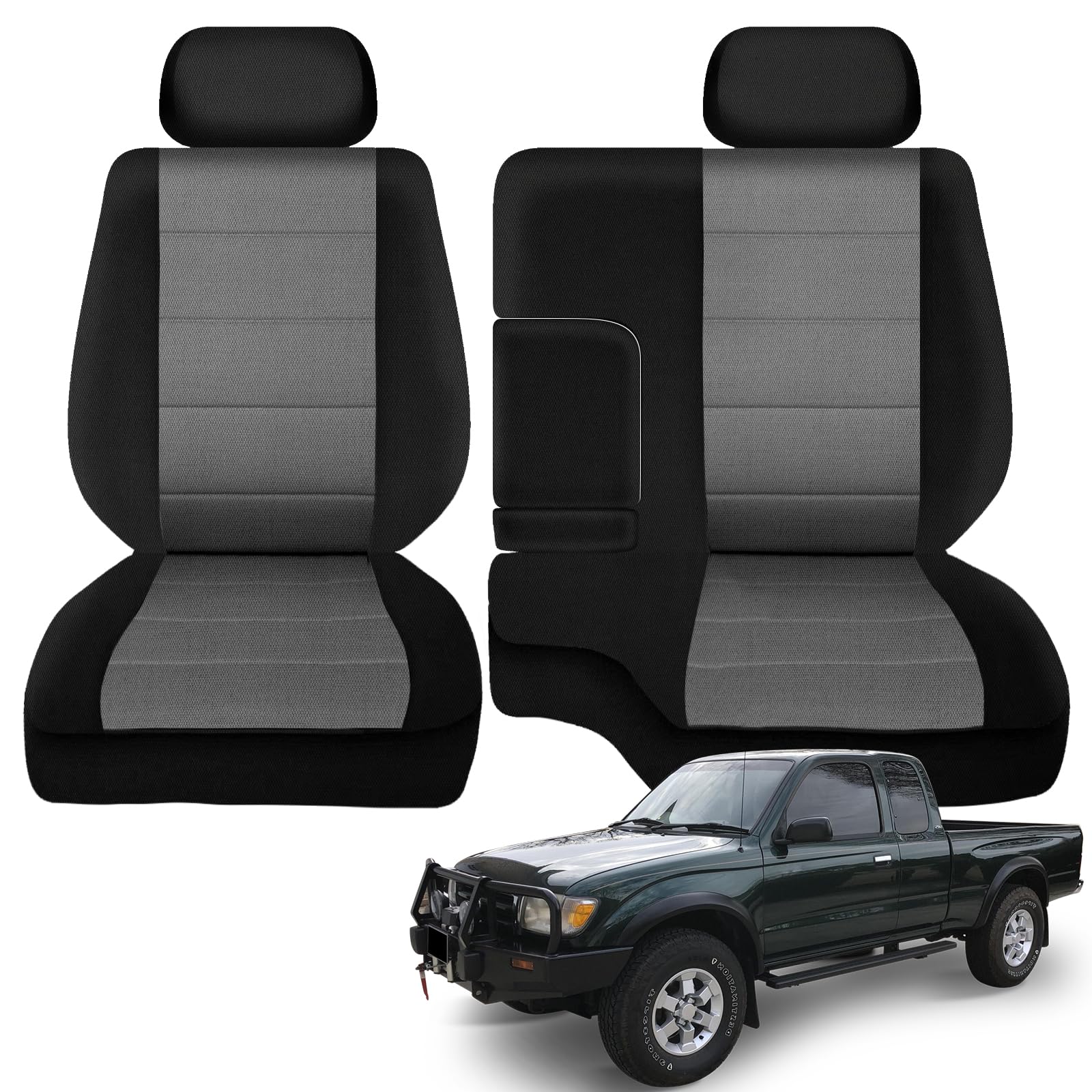 Durable Truck Seat Cover for 1995-2000 Toyota Tacoma - Knitted 60/40 Split Bench Seat Protector with 2 Headrest Covers & Center Console - Black & Charcoal - Perfect for Work Trucks, Off-Roading & Daily Commutes