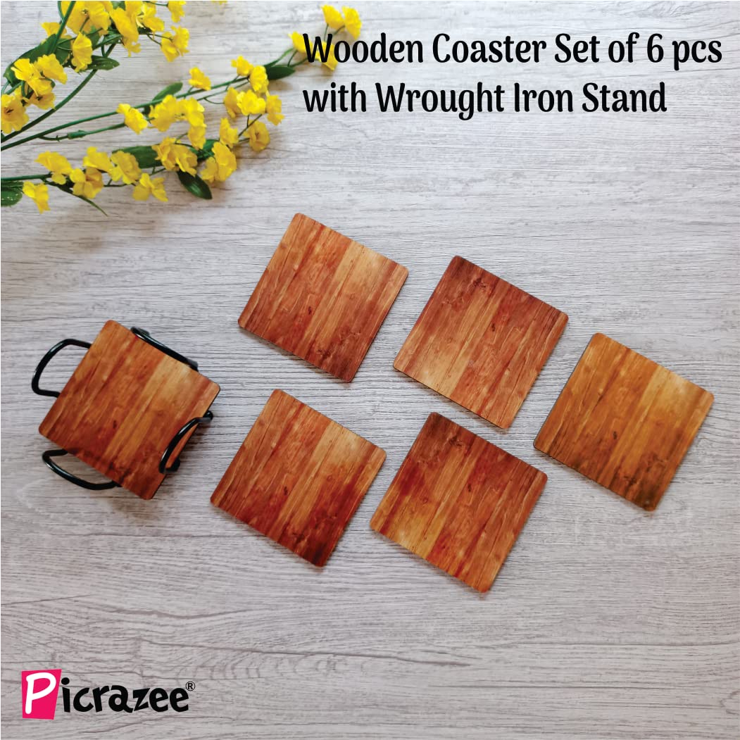 Picrazee 6-Piece Wooden Coaster Set with Wrought Iron Stand - Elegant Drink Coasters for Coffee, Tea, and Wine Glasses - Perfect for Home, Office, and Restaurant Use