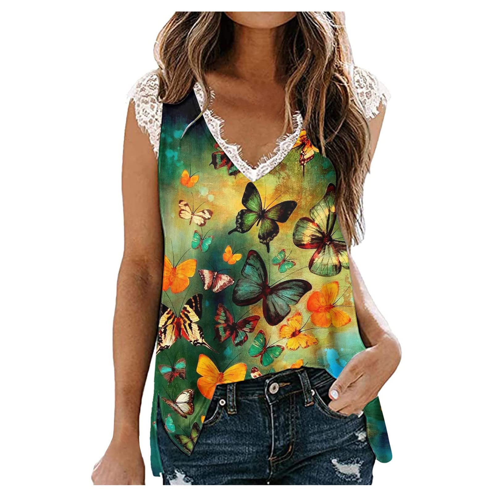 Women's Trendy Slim Sleeveless Printed Lace Tank Tops - Casual Basic Blouse Shirts & Tees for Summer Outfits, Beach Wear and Layering