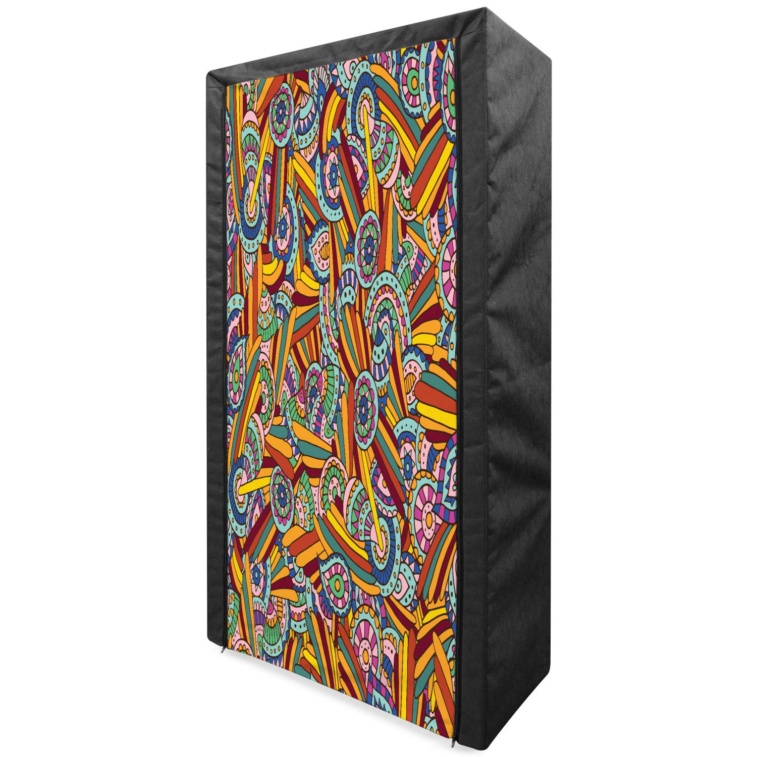 Ambesonne Psychedelic Portable Fabric Wardrobe - Funky Hippie Style with Abstract Folkloric Patterns, 33.5 Inch Multicolor Clothing Organizer & Storage Closet with Shelves | Perfect for Small Spaces, Dorm Rooms, and Bedroom Organization