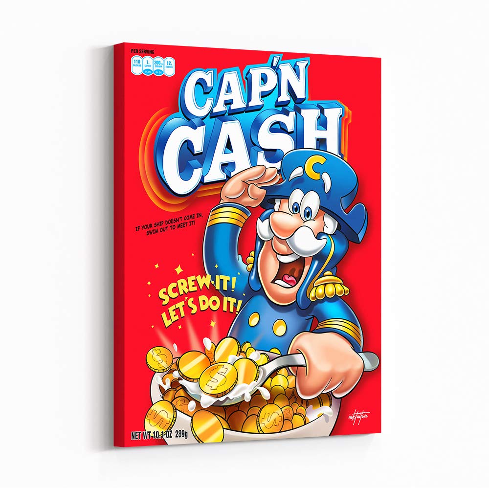 Inktuitive 'Capn Cash’ Motivational Wall Art with Black Frame | Cereal-Inspired Canvas Print | Inspirational Décor for Bedroom, Kitchen, Living Room & Office | 40 x 30 Inches | Perfect for Home, Office & Gifts