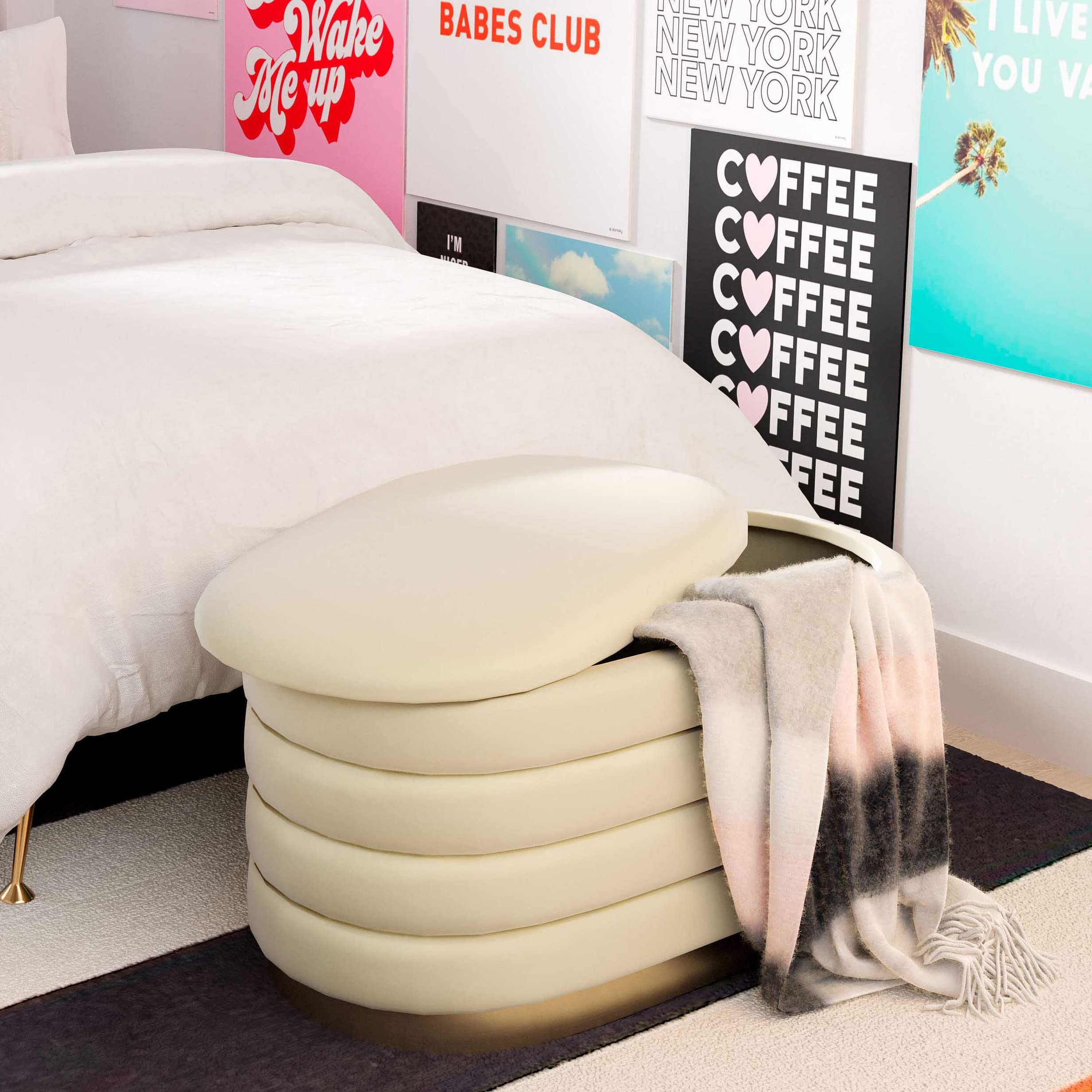 Tov Furniture Lillian Velvet Storage Bench - Cream Upholstered Ottoman with Hidden Storage | Perfect for Bedroom, Living Room & Entryway Organization