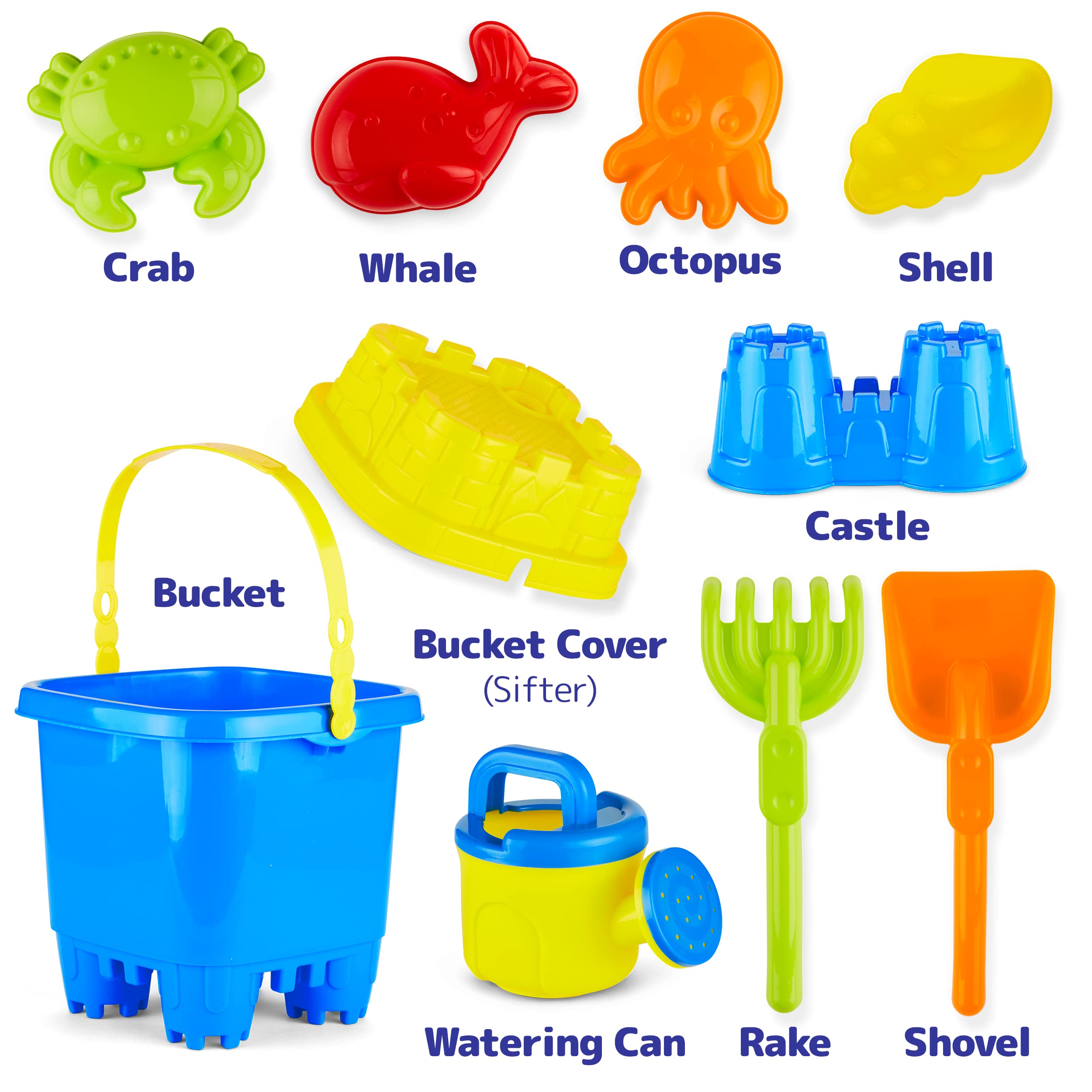 PREXTEX 10 Piece Beach Sand Toys Set for Kids - Bucket with Sifter, Shovel, Rake, Watering Can, 5 Animal and Castle Sand Molds | Fun Outdoor Sandbox & Beach Play Set for Toddlers & Children | Perfect for Beach Vacations, Backyard Sand Play & Summer Activities
