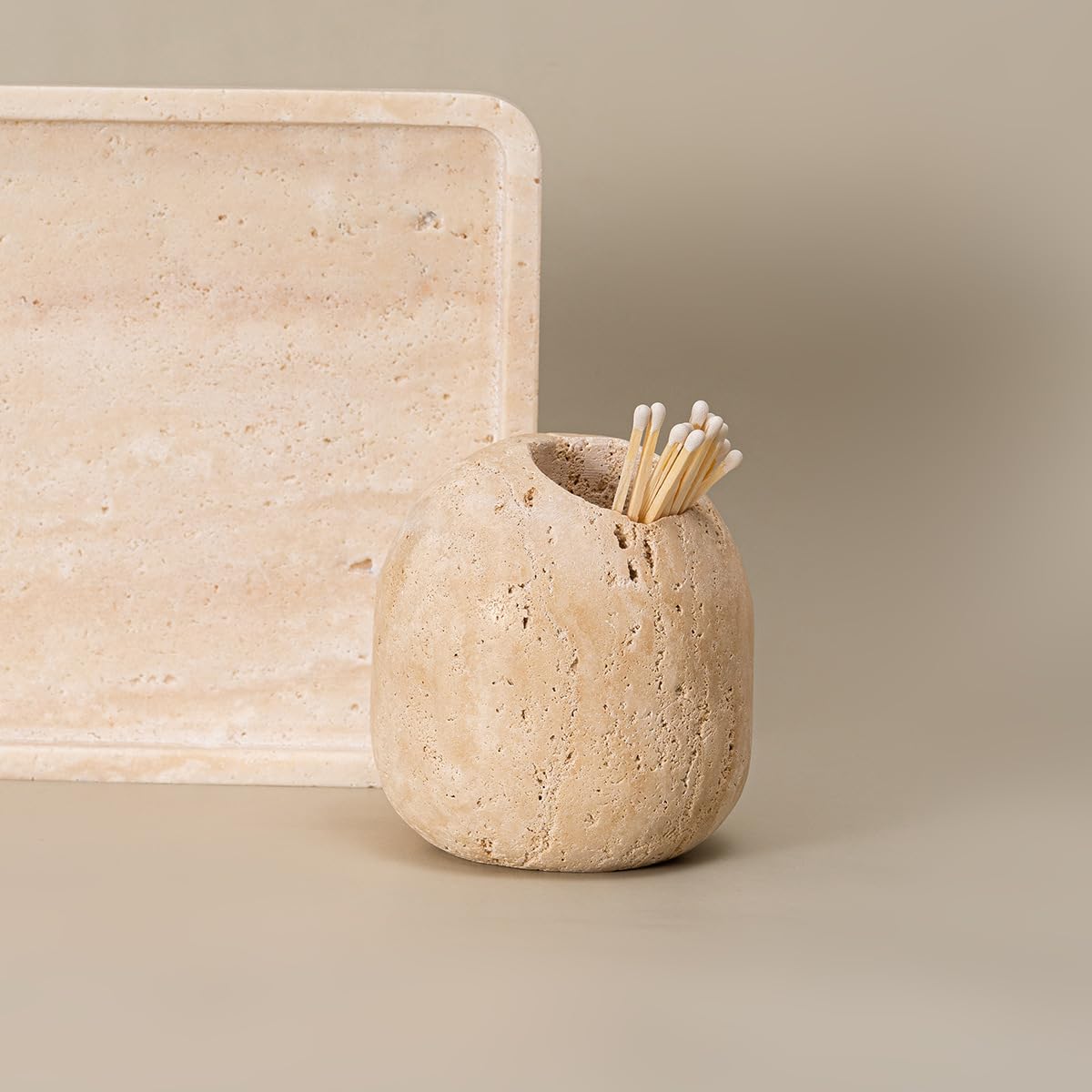 100% Natural Travertine Toothpick & Match Holder - Elegant Beige Stone Match Jar for Candles, Bathroom Decor (2.1x2.1x2.2 inches) - Perfect for Home, Kitchen, Restaurant & Gift Giving - Toothpicks Not Included