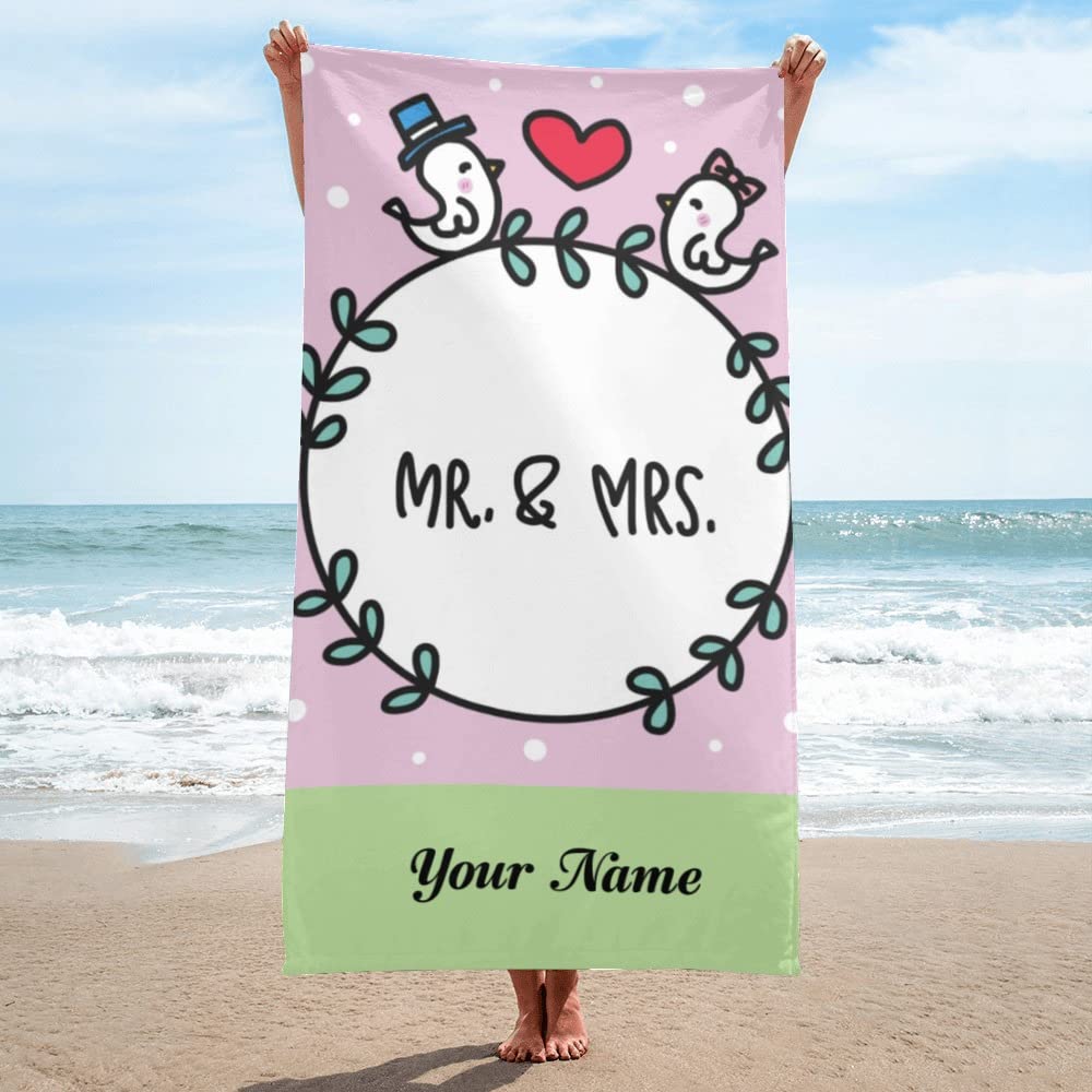 Custom Personalized Beach Towel with Names - Mr. & Mrs. Couple Birds Design Microfiber Bath Towel 30
