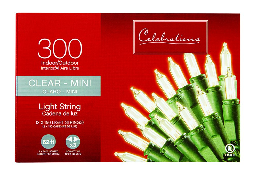300-Count Celebrations Mini Light Set with Clear Bulbs - 31 Feet Indoor/Outdoor Holiday String Lights for Christmas Tree, Party, Wedding & Home Decorations - Includes 150 Bulb Set (Traditional Design)