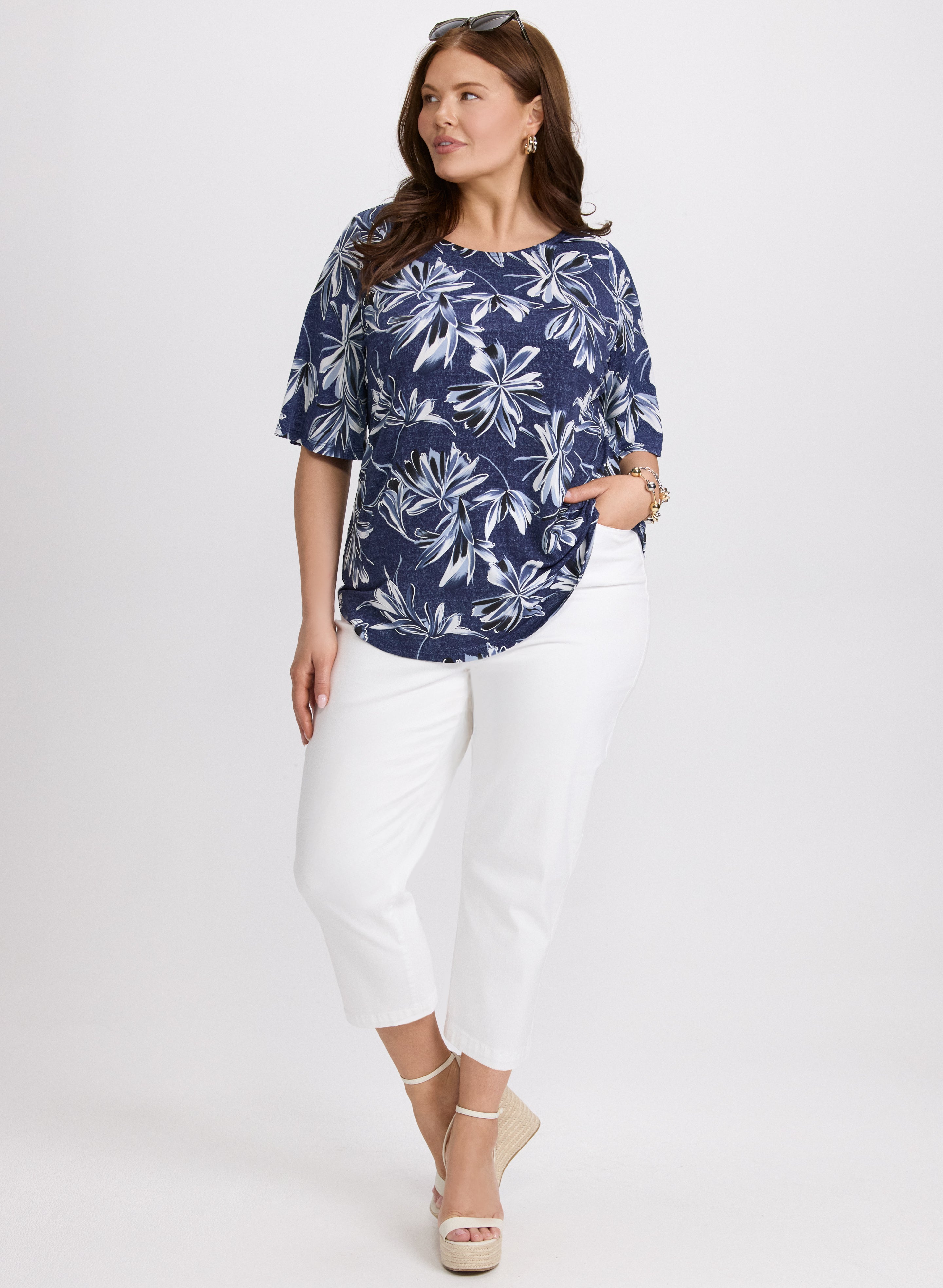 Floral Print Blue Top for Women - Stylish Blouse with Floral Pattern - Perfect for Casual Wear, Office, and Summer Outfits