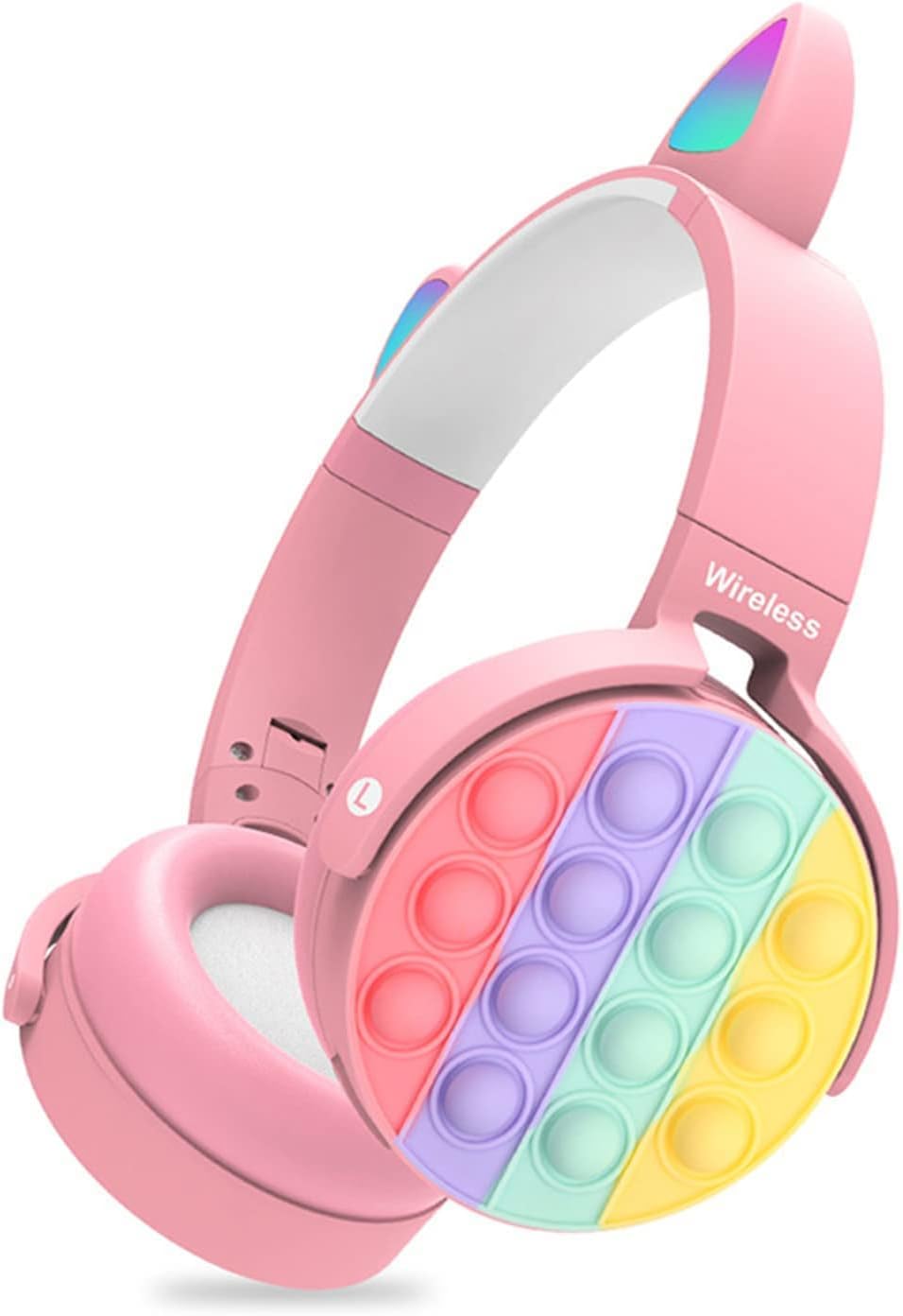 Wireless Bluetooth Headphones with Microphone - Rechargeable On-Ear Headset with Fidget Pop Bubbles, Powerful Stereo Bass & Noise Cancelling - Perfect for Gaming, Work Calls & Stress Relief (Pink Cat Design)