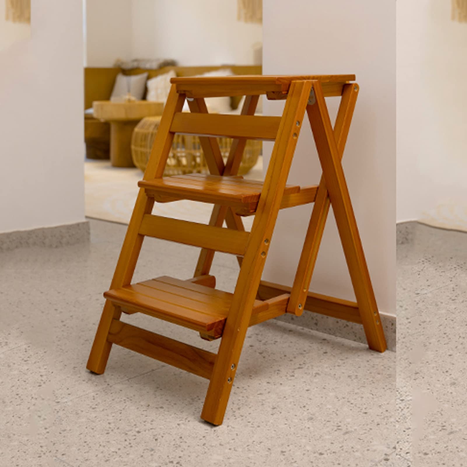 XHALERY 3-Step Wooden Folding Step Stool Ladder - Multifunctional Combination for Home, Library, and Display Shelves - Perfect for Reaching High Places, Organizing Books, and Showcasing Decor