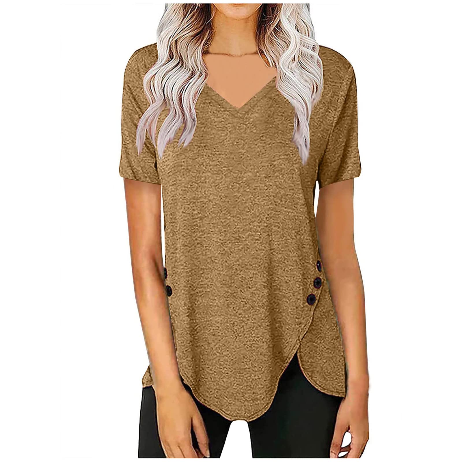 Women's V-Neck Button-Up T-Shirt - Short Sleeve Casual & Dressy Summer Top with Side Split | Perfect for Office Wear, Date Nights & Weekend Outfits