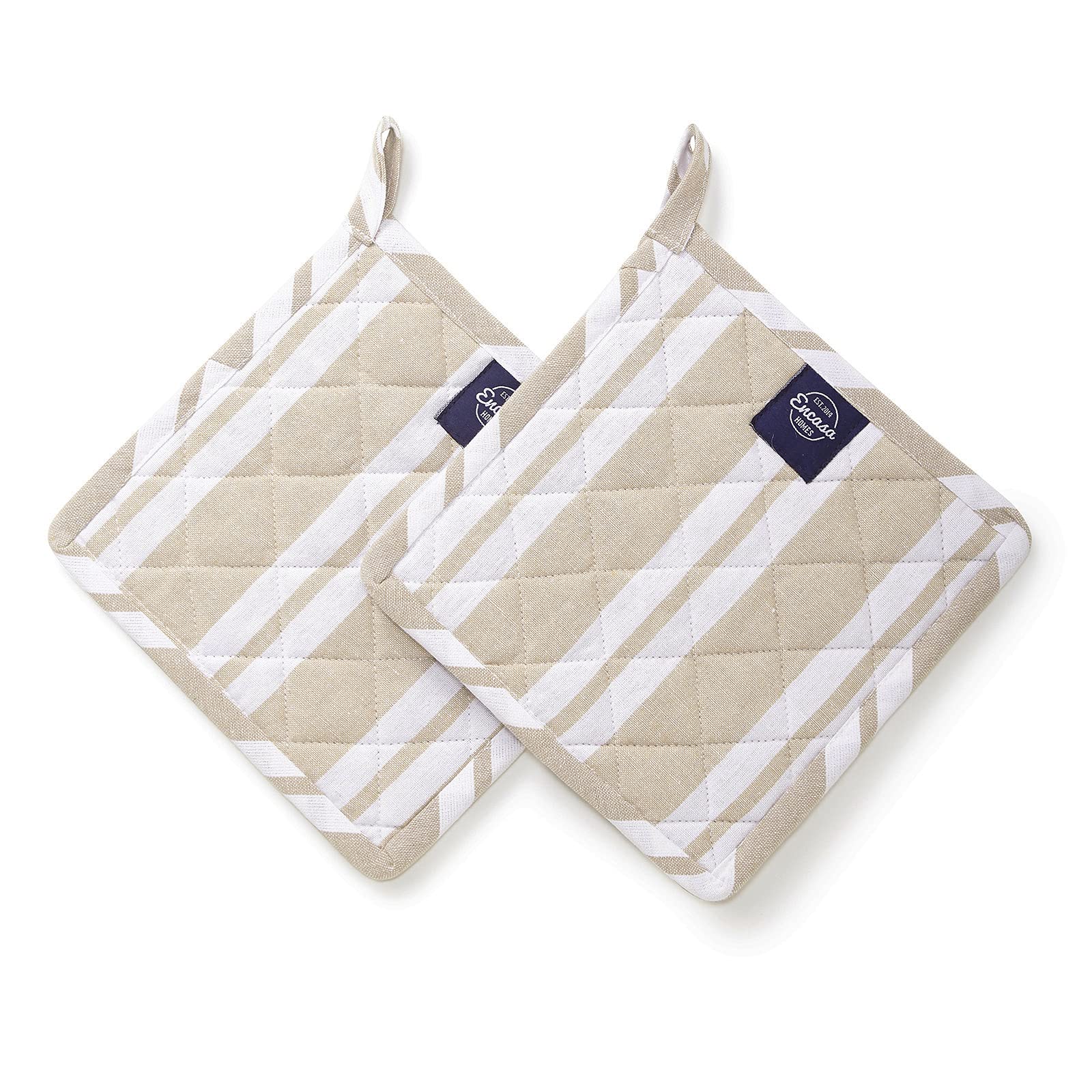 Encasa Homes 8 Inch Microwave Oven Mitts & Pot Holders (2-Piece Set) - Heat Resistant, Thick & Safe Kitchen Gloves for Cooking, Baking, Grilling - Protect Hands from Hot Pans, Dishes & Utensils - Franca Beige Stripes Design - Perfect for Home Kitchens, BBQs & Baking Enthusiasts