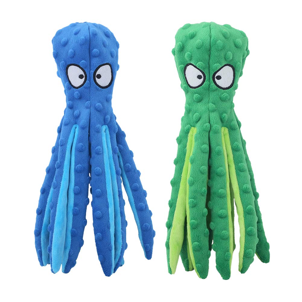 Durable Octopus Crinkle Plush Dog Chew Toys - 2 Pack No Stuffing Squeaky Interactive Puppy Toys for Small & Medium Dogs | Teeth Cleaning & Boredom Relief | Perfect for Playtime, Training & Anxiety Relief (Blue + Green)