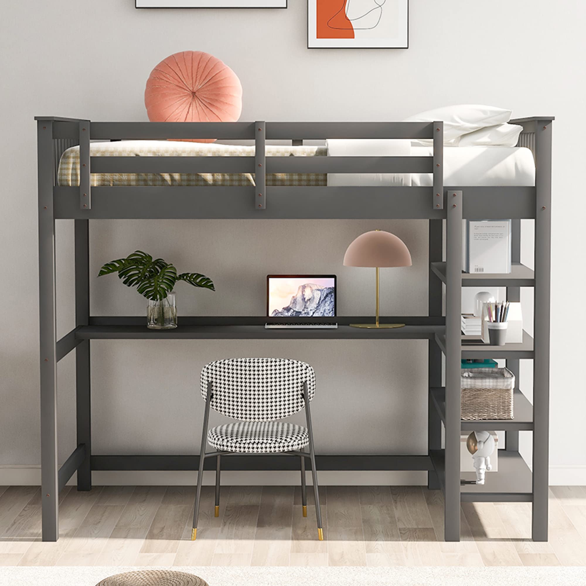 P PURLOVE Twin Loft Bed with Storage Shelves & Under-Bed Desk - Solid Rubber Wood Frame, No Box Spring Needed, Space-Saving Gray Loft Bed for Kids & Teens - Perfect for Small Bedrooms, Dorms & Studio Apartments