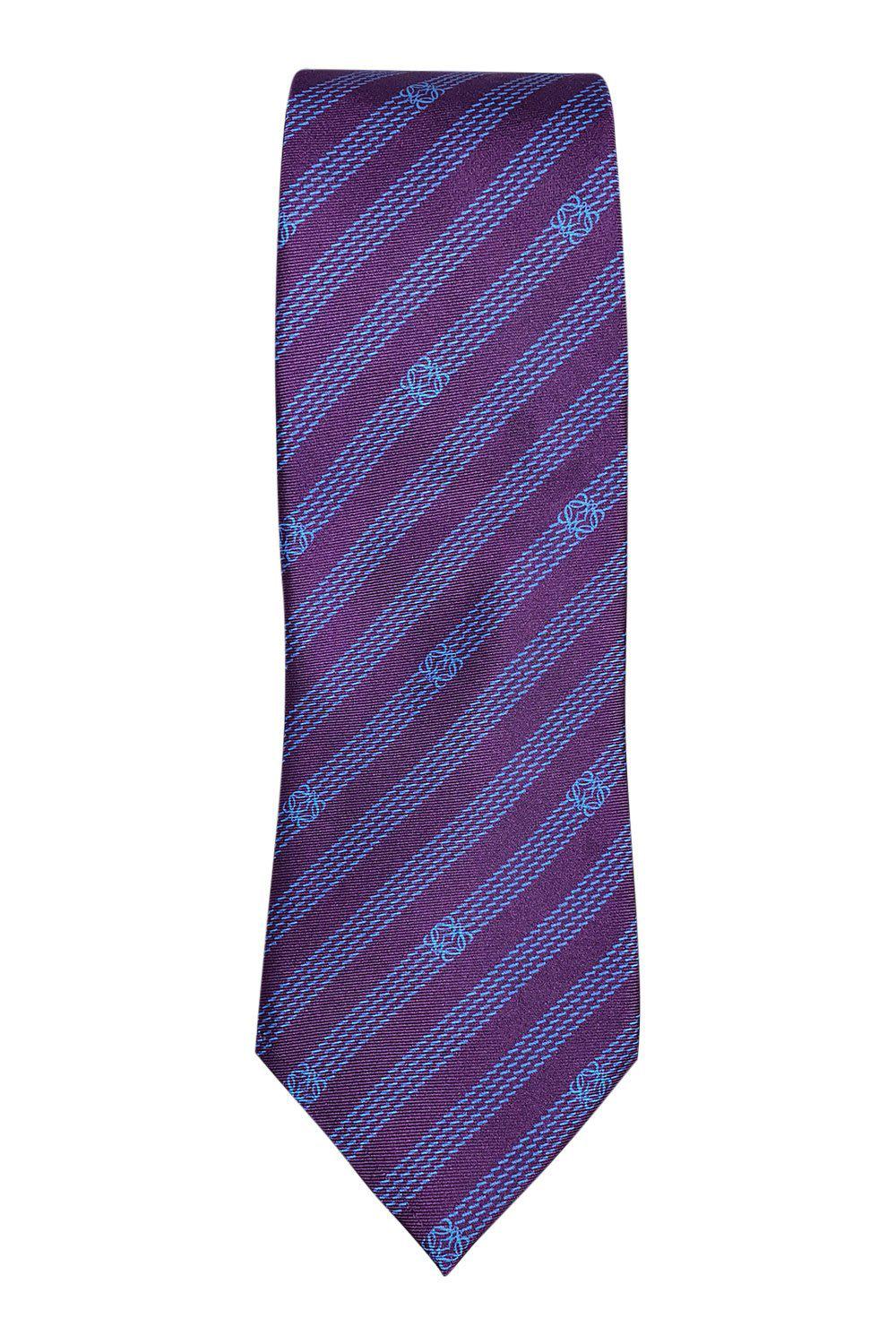 LOEWE 100% Silk Purple Tie with Blue Pinstripe and Logo Repeat - 60