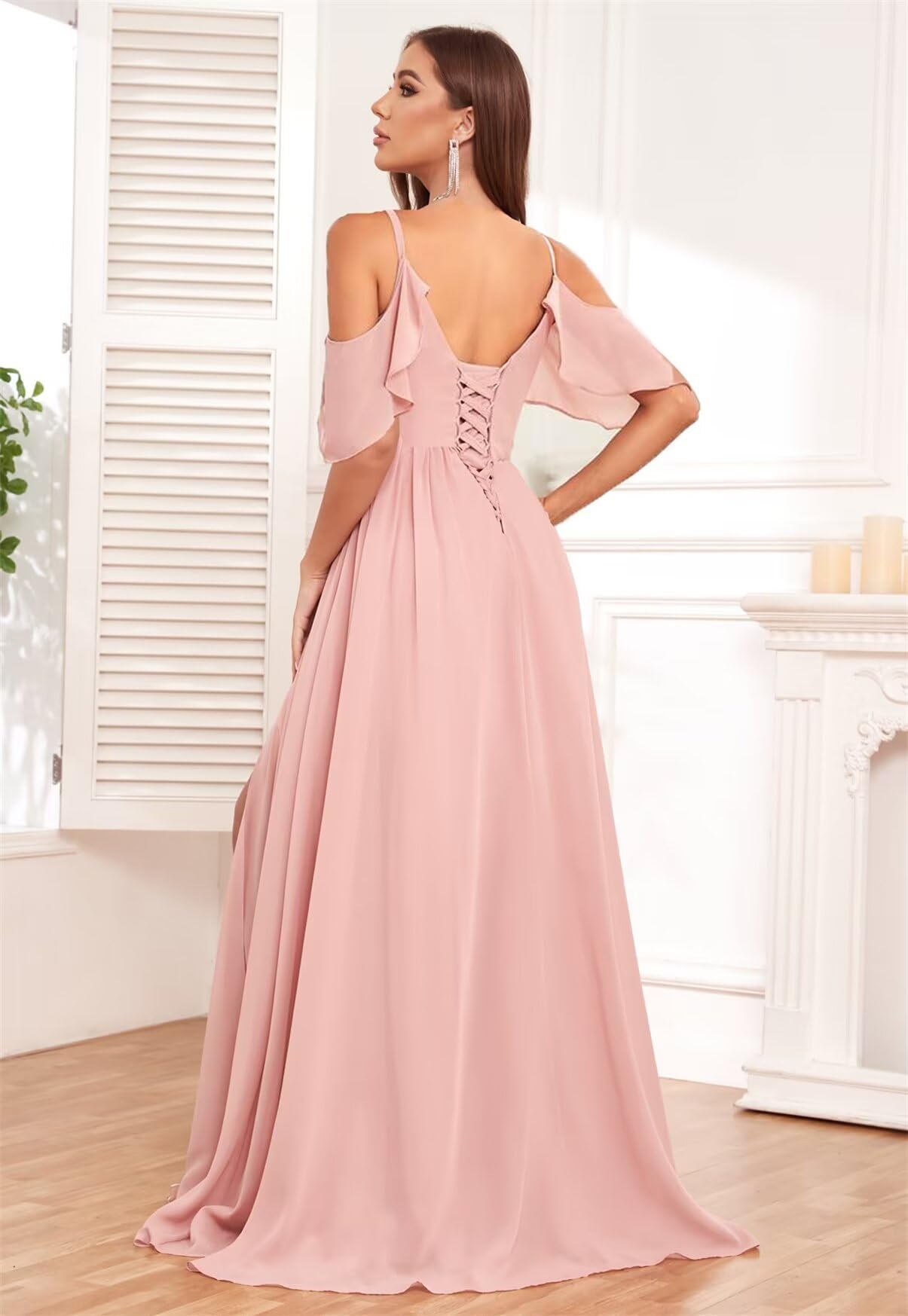 Elegant Cold Shoulder Chiffon Bridesmaid Dresses for Women - Long Pleated Formal Gown with Side Slit & Pockets | Perfect for Weddings, Proms, and Special Occasions
