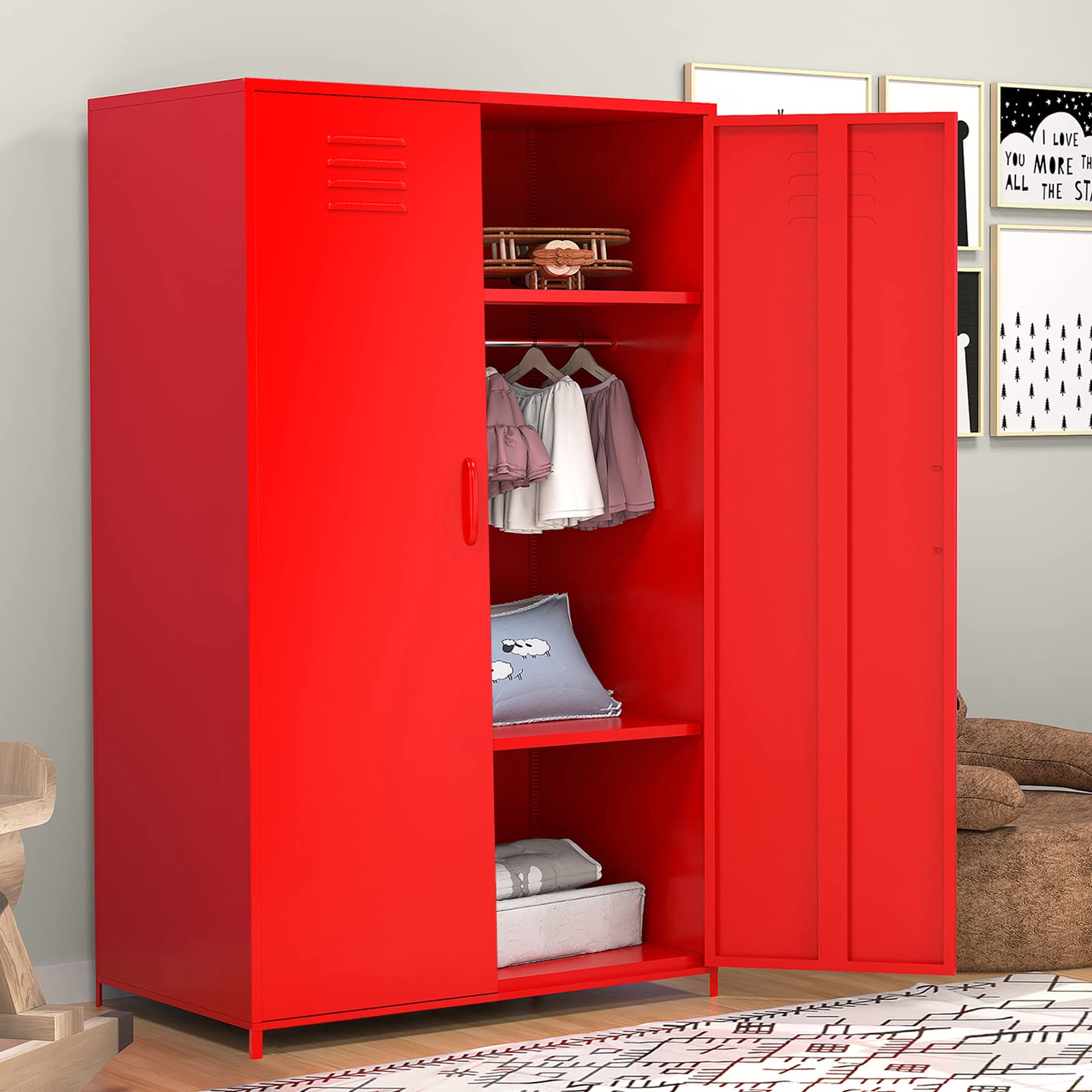 Steel Storage Cabinet with Double Doors - Hanging Rod & Shelves for Toys, Clothes, Books - Perfect for Bedroom, School, Classroom, Office (Red) - Organize Your Space with Durable Metal Locker