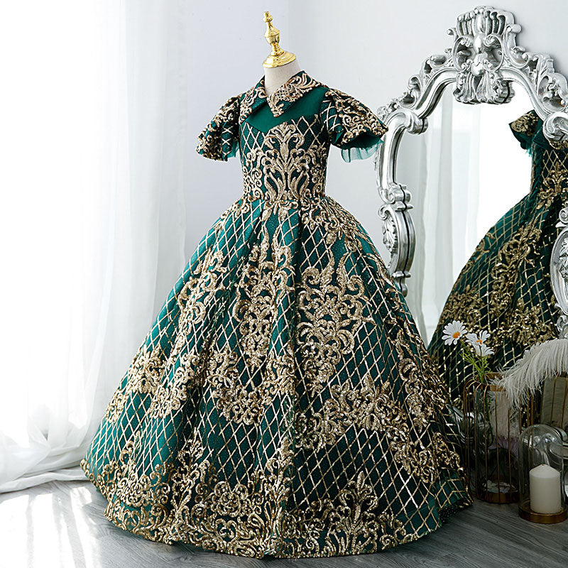 Sparkly Green Sequin Flower Girl Dress with Collar - Elegant Princess Party Gown for Weddings, Pageants & Special Occasions