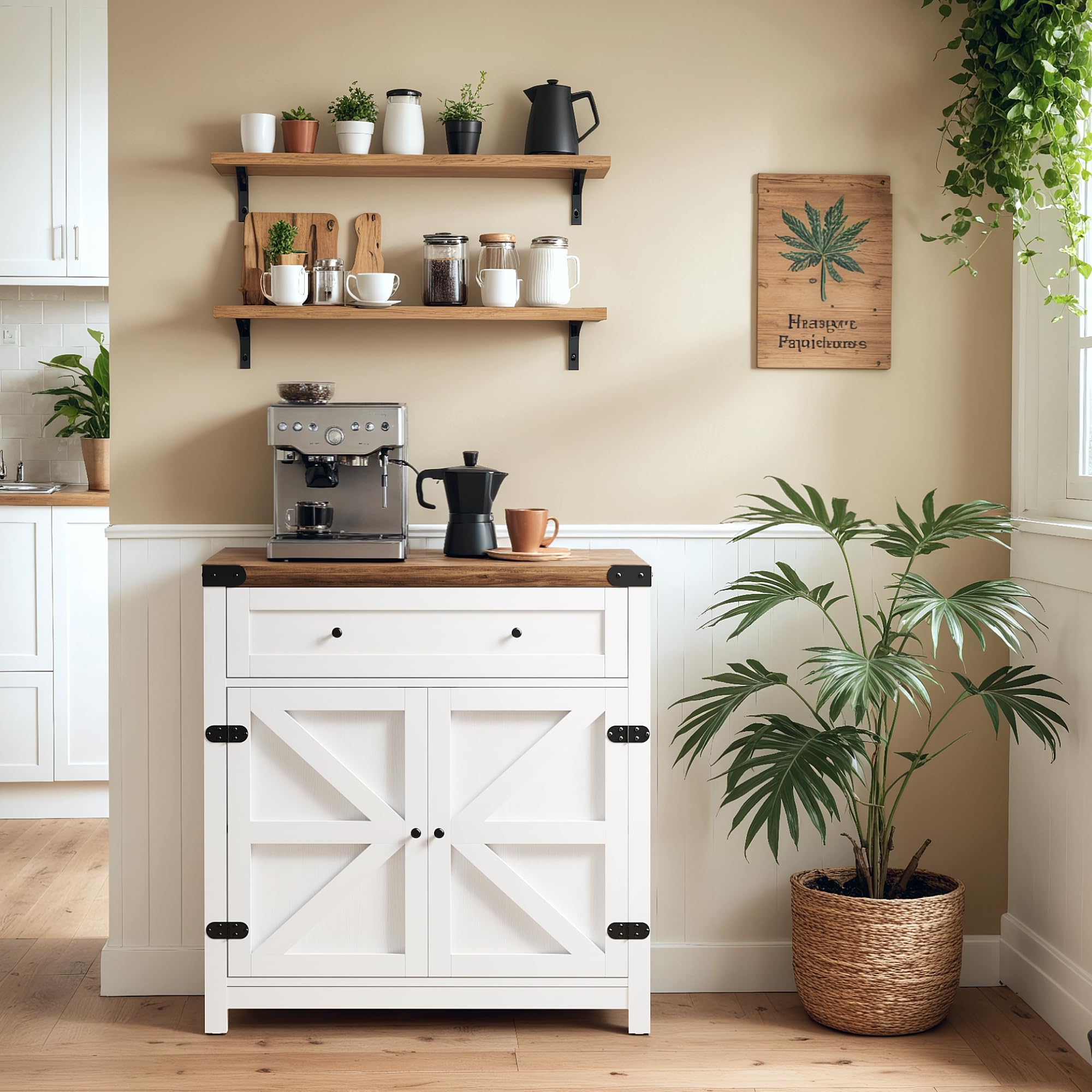 YESHOMY Farmhouse Coffee Bar Cabinet with Barn Door - Rustic White Buffet Sideboard with Drawer & Adjustable Shelf - Wide Desktop for Kitchen, Dining Room, Bathroom, Entryway - Perfect for Coffee Station, Storage & Home Decor