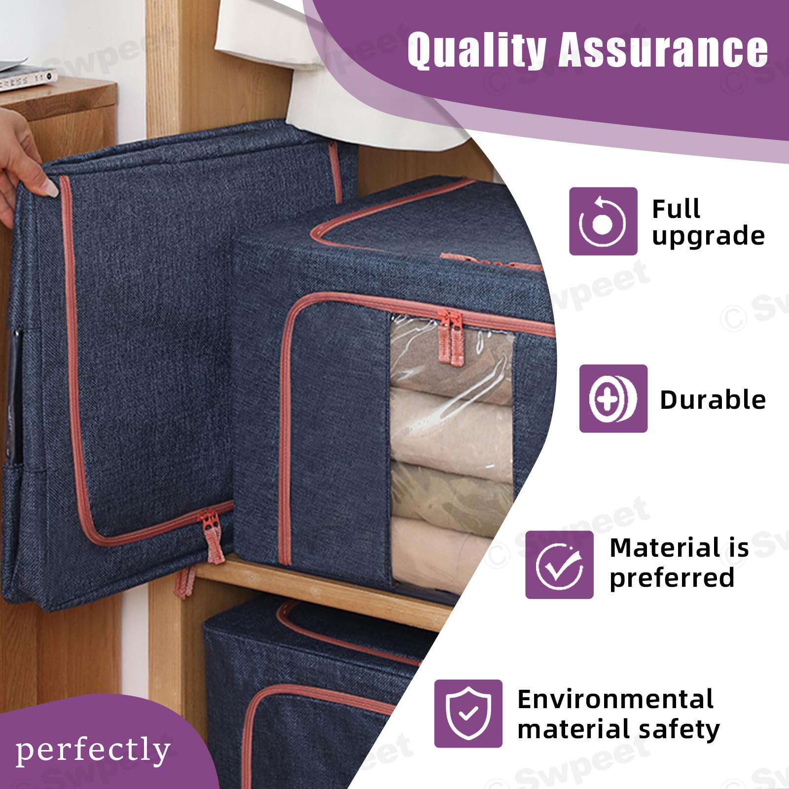 100L Large Cloth Storage Box - Foldable Closet Organizer for Clothes, Blankets & Toys | Space-Saving Wardrobe Storage Bags in Grey & Blue | Perfect for Bedroom, Closet & Travel Organization