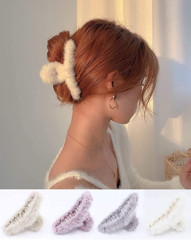 BELICIA 4 Pack Large Faux Fur Hair Claw Clips - Soft Plush Hair Barrettes for Women, Jaw Clamp Clips for Thick Hair - Perfect for Half Up Buns, Ponytails & Everyday Hairstyles