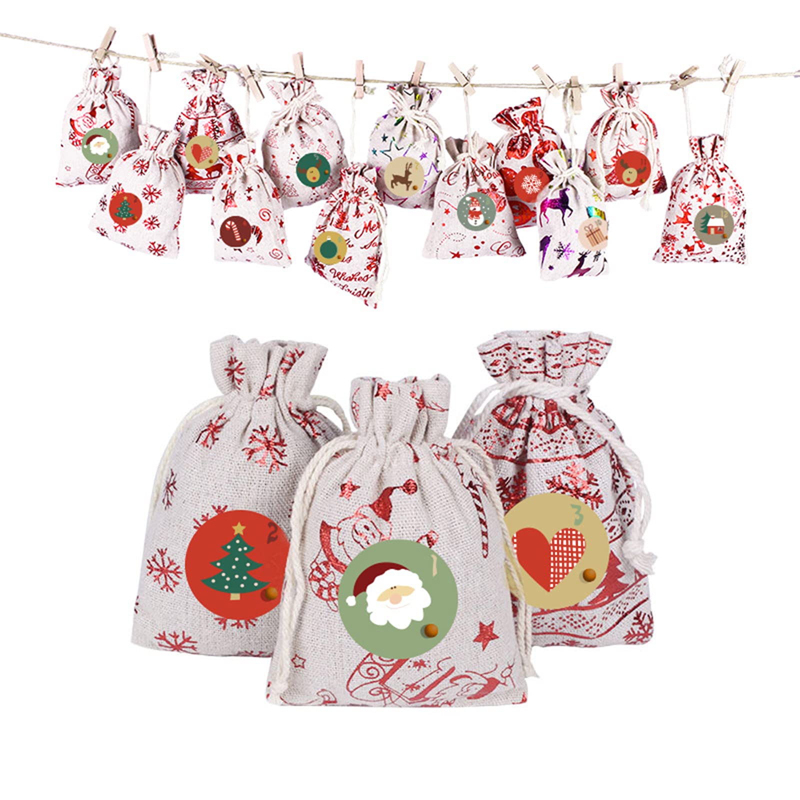 24-Piece Christmas Advent Calendar Bags Set - DIY Xmas Countdown Fabric Hanging Bags with Fillable Pockets for Holiday Party Decor, Gift Exchange & Home Decoration