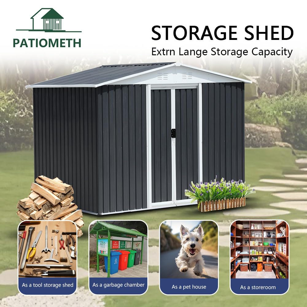 8' x 6' Galvanized Steel Outdoor Storage Shed with Sliding Door & Window - Weatherproof Metal Garden Shed for Backyard, Patio, and Lawn Organization (Grey) - Perfect for Storing Tools, Equipment, and Seasonal Items