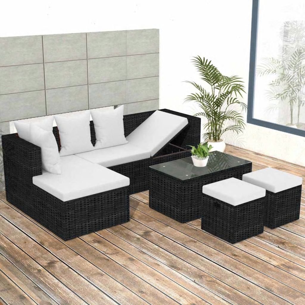 Outdoor Rattan Sofa Set 4-Piece with Cushions & Coffee Table - PE Wicker Patio Furniture Sectional Lounge Set for Garden, Backyard, Poolside - Black