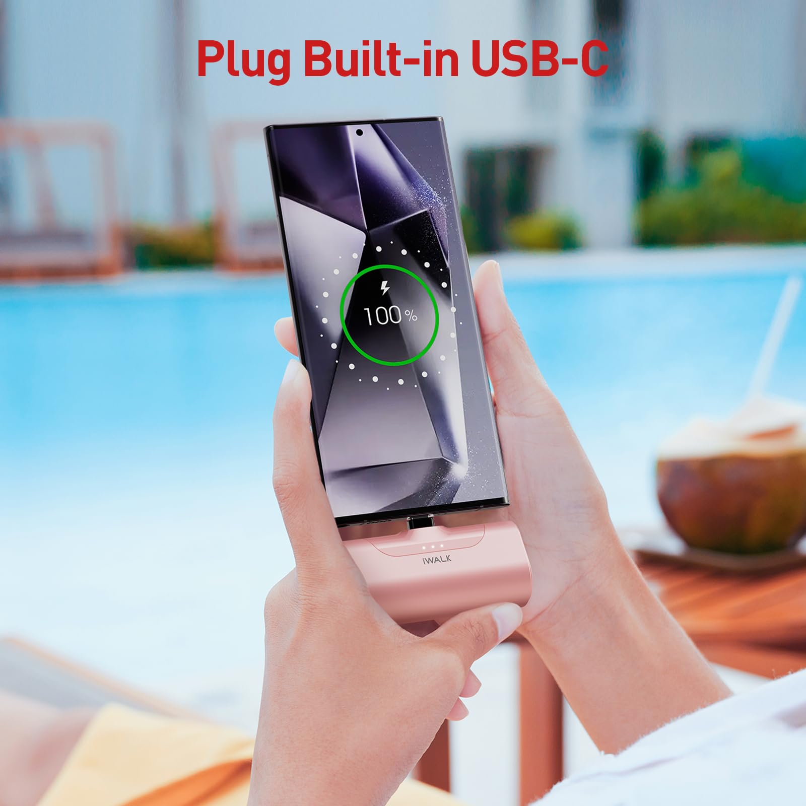 iWALK 4500mAh USB-C Portable Charger - Compact Power Bank for iPhone 16/15/14 Series, Samsung Galaxy S25/S24/S23, Z Flip 5, Google Pixel & More - Pink | Perfect for Travel, Outdoor Activities & Emergency Charging