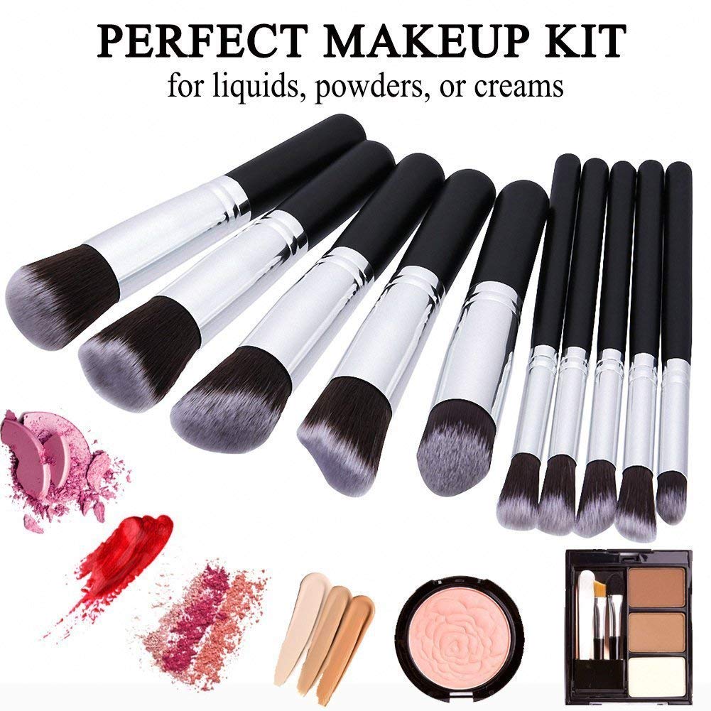 Beggie Premium 10-Piece Makeup Brush Set - Synthetic Foundation Powder Blush Eyeshadow Brushes with Blender Sponge & Brush Cleaner (Black/Silver) - Perfect for Professional Makeup Artists & Beauty Enthusiasts