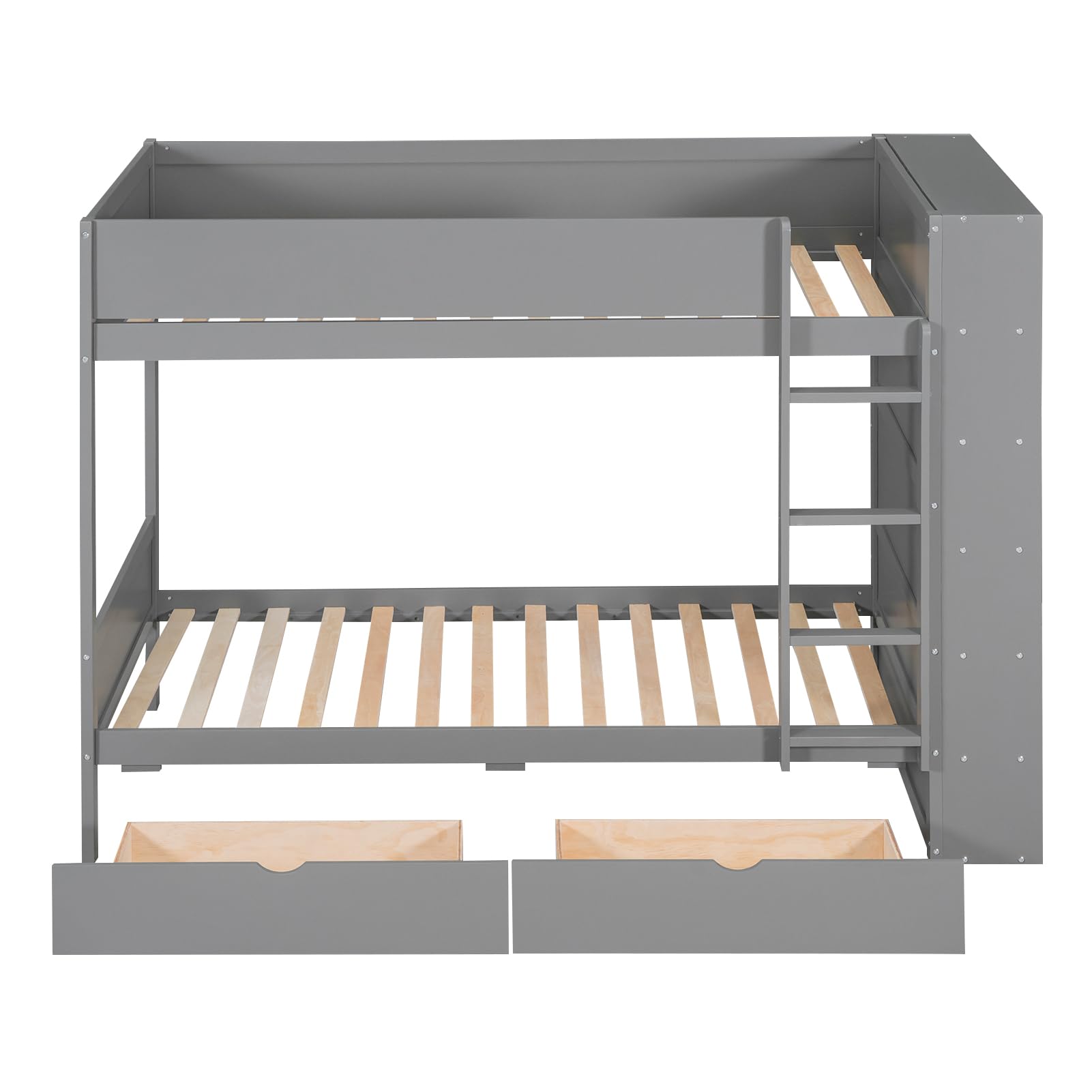 P PURLOVE Twin Over Twin Wooden Bunk Bed with 2 Drawers & Multi-Layer Storage Cabinet - Space-Saving Kids Bunk Bed Frame for Bedrooms, Dorms, and Small Spaces