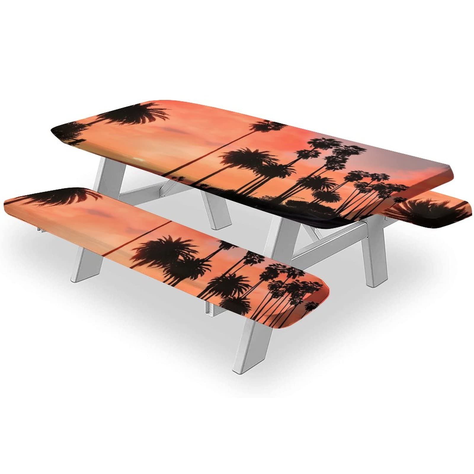 Tropical Sunset Coconut Palm Picnic Table Cover with Bench Covers - 3-Piece Waterproof Outdoor Camping Set (72x28 Inches) for Beach Parties, Backyard BBQs & Indoor Holiday Gatherings