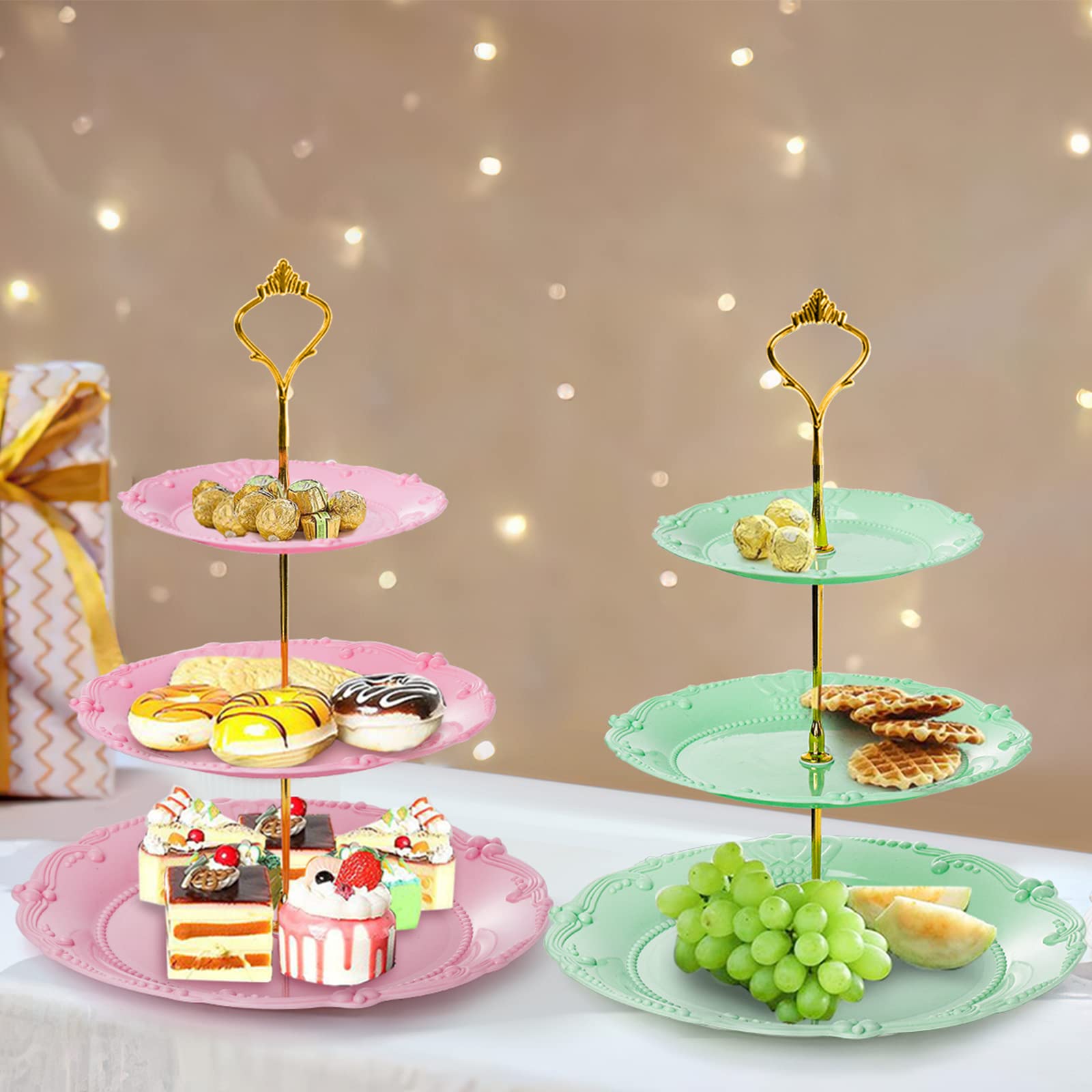 Fasmov 3-Pack 3-Tier Plastic Cupcake Stand - Reusable Dessert Display Tower for Cakes, Fruits & Candies | Perfect for Wedding, Birthday, Baby Shower & Tea Party Decorations (White, Pink, Green) - Elegant Dessert Serving Solution for Home, Bakery & Catering Events
