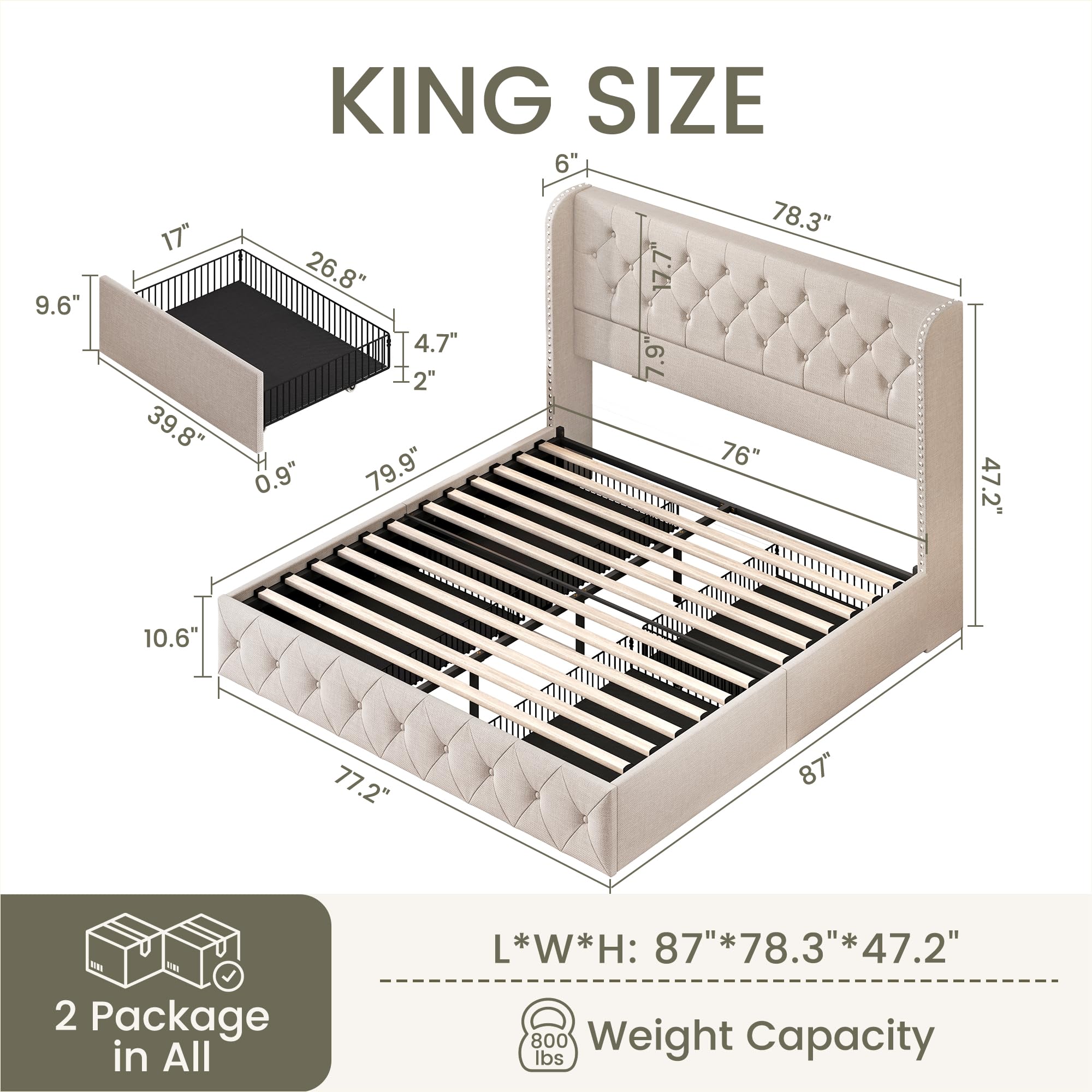 King Size Bed Frame with 4 Storage Drawers & Tufted Headboard - Linen Upholstered Platform Bed with Wooden Slats Support - Easy Assembly Wingback Bed in Beige - Perfect for Master Bedroom, Guest Room & Small Space Storage Solutions