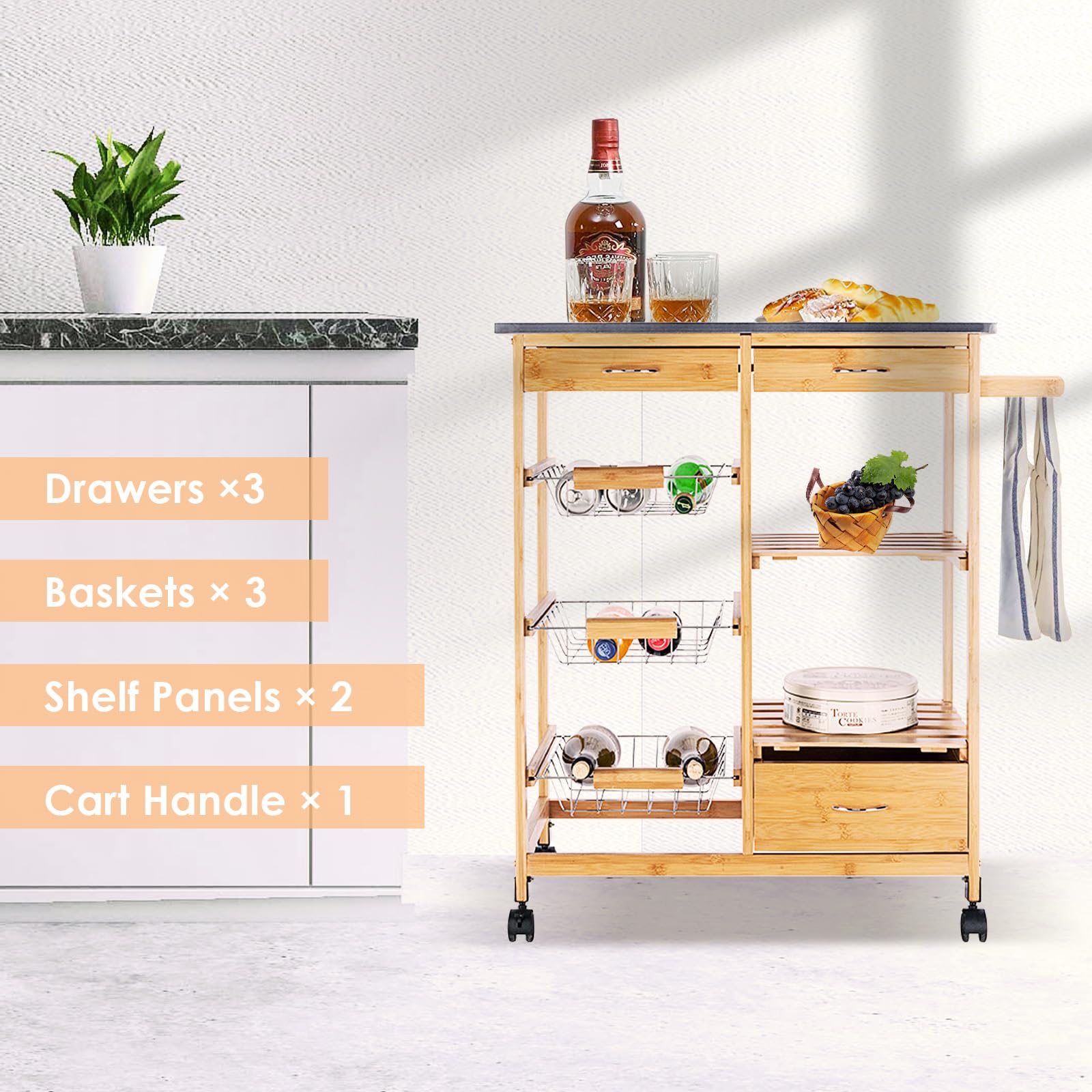Rolling Kitchen Island Cart with Storage Baskets & Drawer - Mobile Kitchen Organizer for Small Spaces, Brown - Perfect for Meal Prep, Extra Counter Space & Pantry Storage