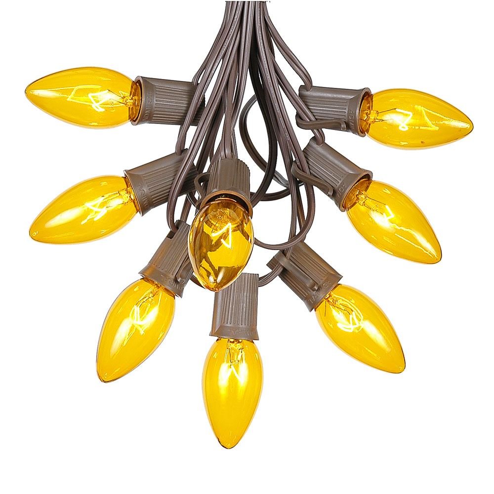C9 Yellow Christmas String Lights - 25ft Outdoor Waterproof Hanging Patio Lights with Brown Wire for Holiday Decorations, Roofline, Trees & Garden Parties