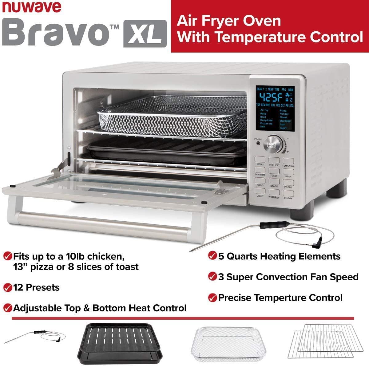 Nuwave Bravo XL 30-QT 12-in-1 Air Fryer Toaster Smart Oven with Convection - 50°F to 500°F Temperature Control, Adjustable Top/Bottom Heat (0%-100%) - Brushed Stainless Steel Countertop Oven (Renewed) - Perfect for Baking, Roasting, Air Frying & Family Meal Prep