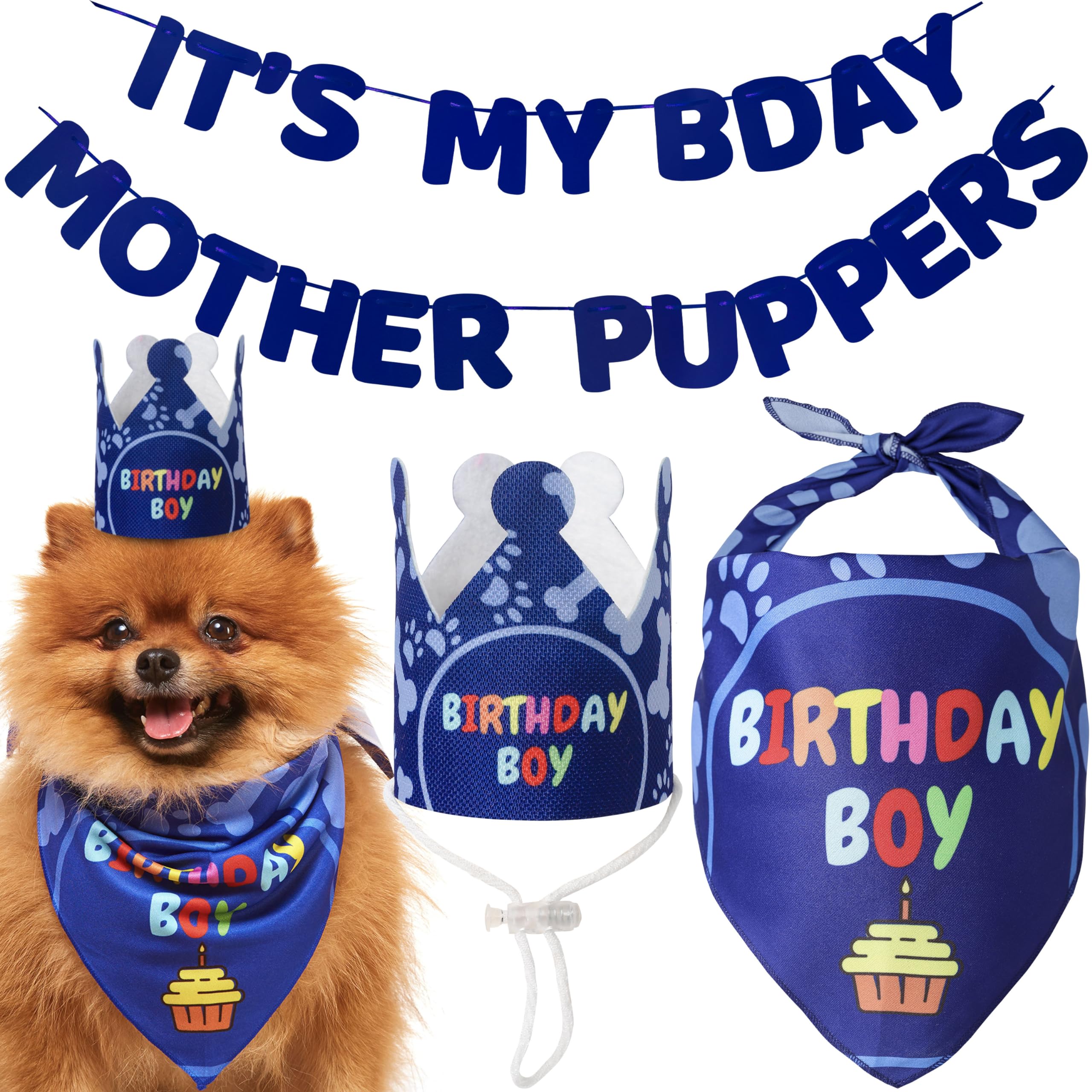 Dog Birthday Party Decorations Set - Birthday Bandana, Hat & Banner for Small Dogs & Puppies - Perfect for Birthday Celebrations & Photo Shoots