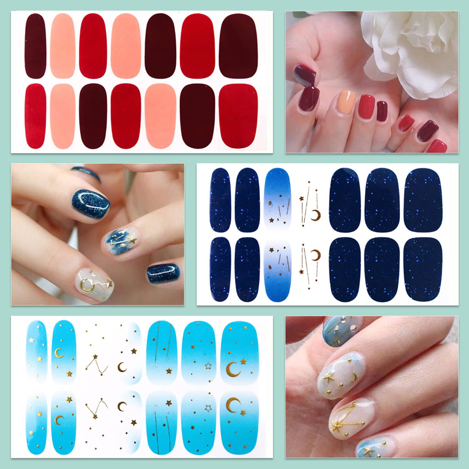 WOKOTO 20 Sheets Moon & Stars Nail Polish Strips - Gradient Nail Stickers, Full Nail Wraps for Women, Gel Nail Strips with Real Polish Effect - Perfect for DIY Manicures, Parties & Special Occasions