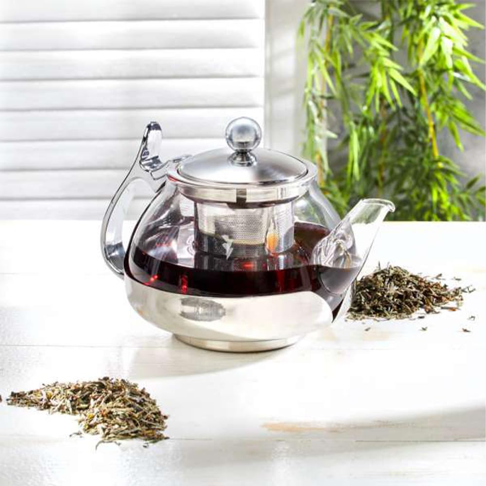 Premium 5-Cup Glass & Stainless Steel Tea Pot with Removable Infuser - Silver - Perfect for Loose Leaf Tea, Iced Tea & Herbal Infusions - Ideal for Home, Office & Gift Giving
