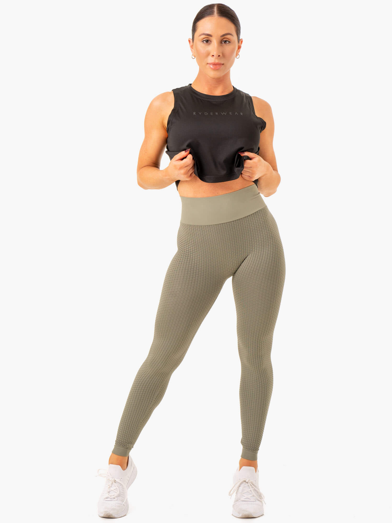 Honeycomb Scrunch Seamless Leggings for Women - High Waisted Yoga Pants, Tummy Control Workout Leggings - Comfortable & Stretchy Khaki Activewear for Gym, Running, Lounge & Everyday Wear