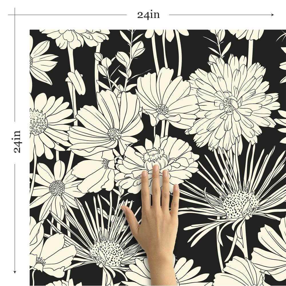 White and Black Hand Drawn Floral Peel and Stick Removable Wallpaper - Self-Adhesive Decorative Wall Covering for Bedroom, Living Room, Nursery, and Home Office Decor