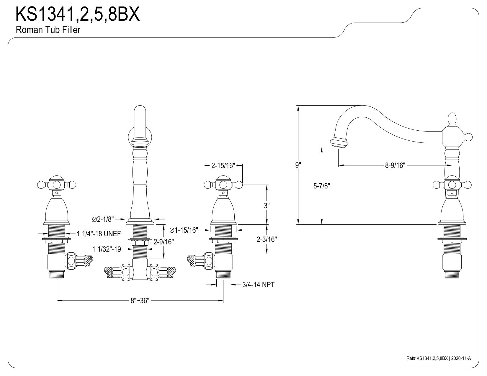 Kingston Brass KS1348BX Heritage Roman Tub Filler with Metal Cross Handle in Brushed Nickel - Perfect for Luxury Bathroom Renovations & Spa-Like Soaking Experience