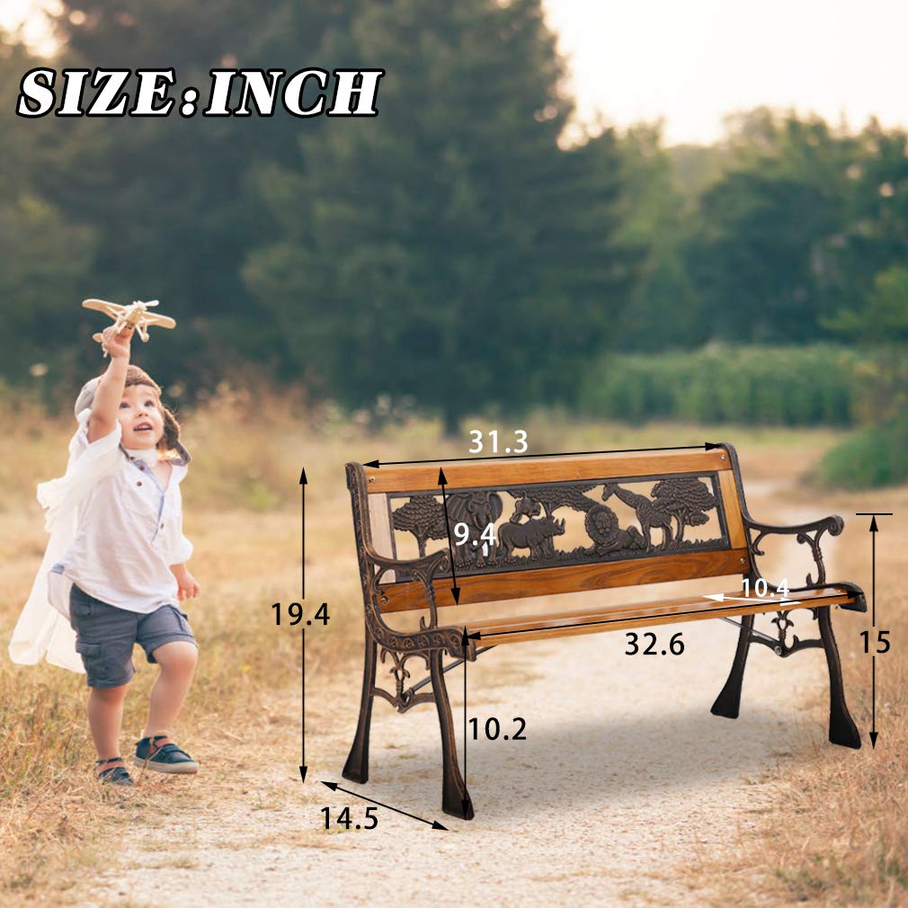 Kids Wooden Outdoor Garden Bench with Bronze Animal Pattern - Durable Park Bench for Patio, Yard, Porch & Entryway - Perfect for Playgrounds, Backyards & Outdoor Seating
