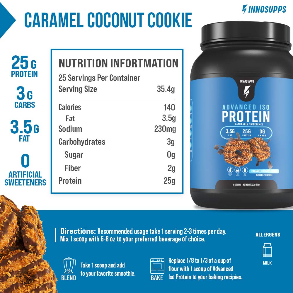 InnoSupps Advanced Iso Protein Powder - 100% Whey Isolate, Low Carb & Fat, 25g Protein per Serving | Hormone, Gluten & Soy Free | No Artificial Sweeteners | Caramel Coconut Cookie Flavor | Ideal for Post-Workout Recovery & Muscle Building