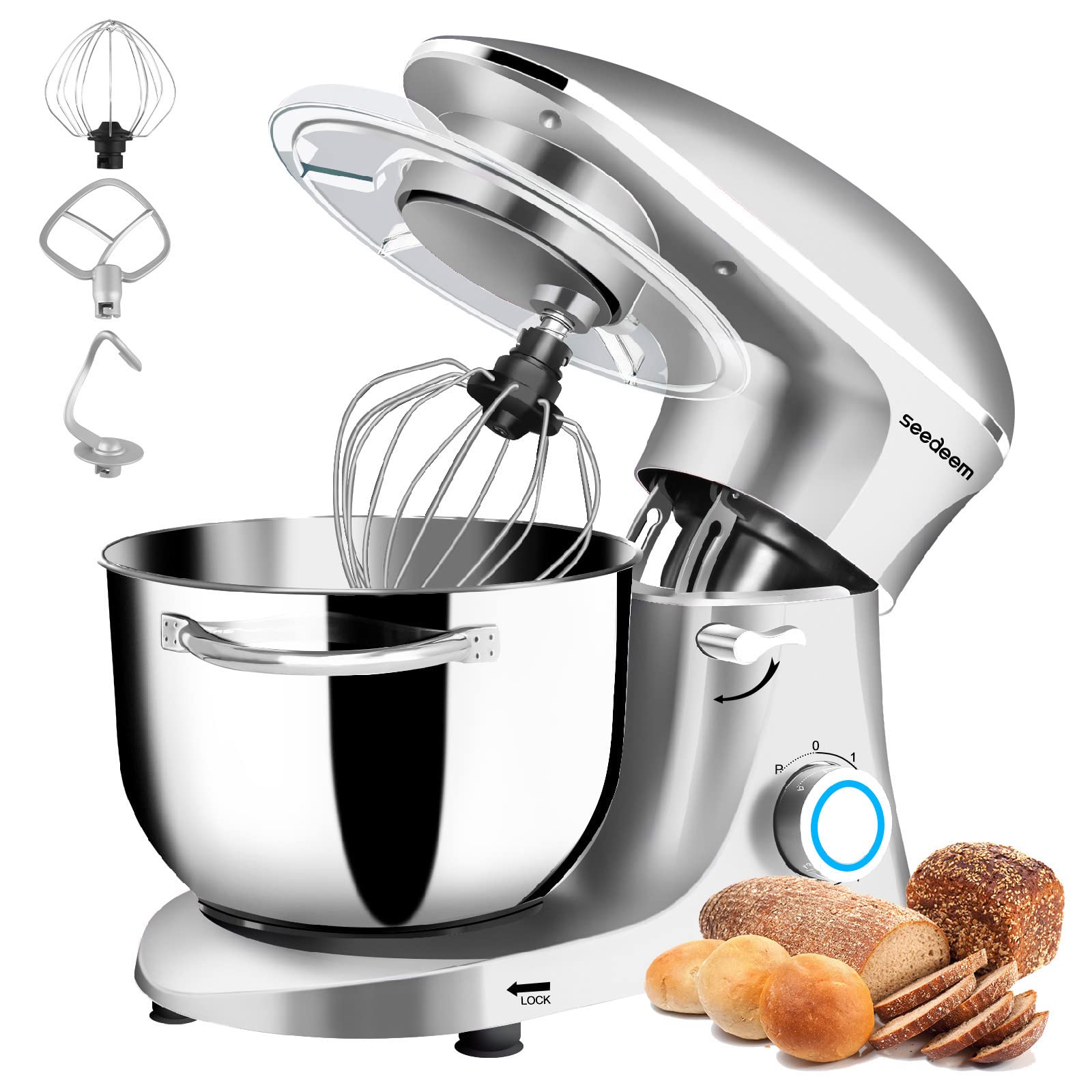 Seedeem 6Qt Stand Mixer, 660W Electric Food Mixer with Tilt-Head, 6-Speed Dough Mixer - Includes Dishwasher-Safe Dough Hook, Wire Whip & Beater - Perfect for Baking Bread, Cakes, Cookies & More (Silver)