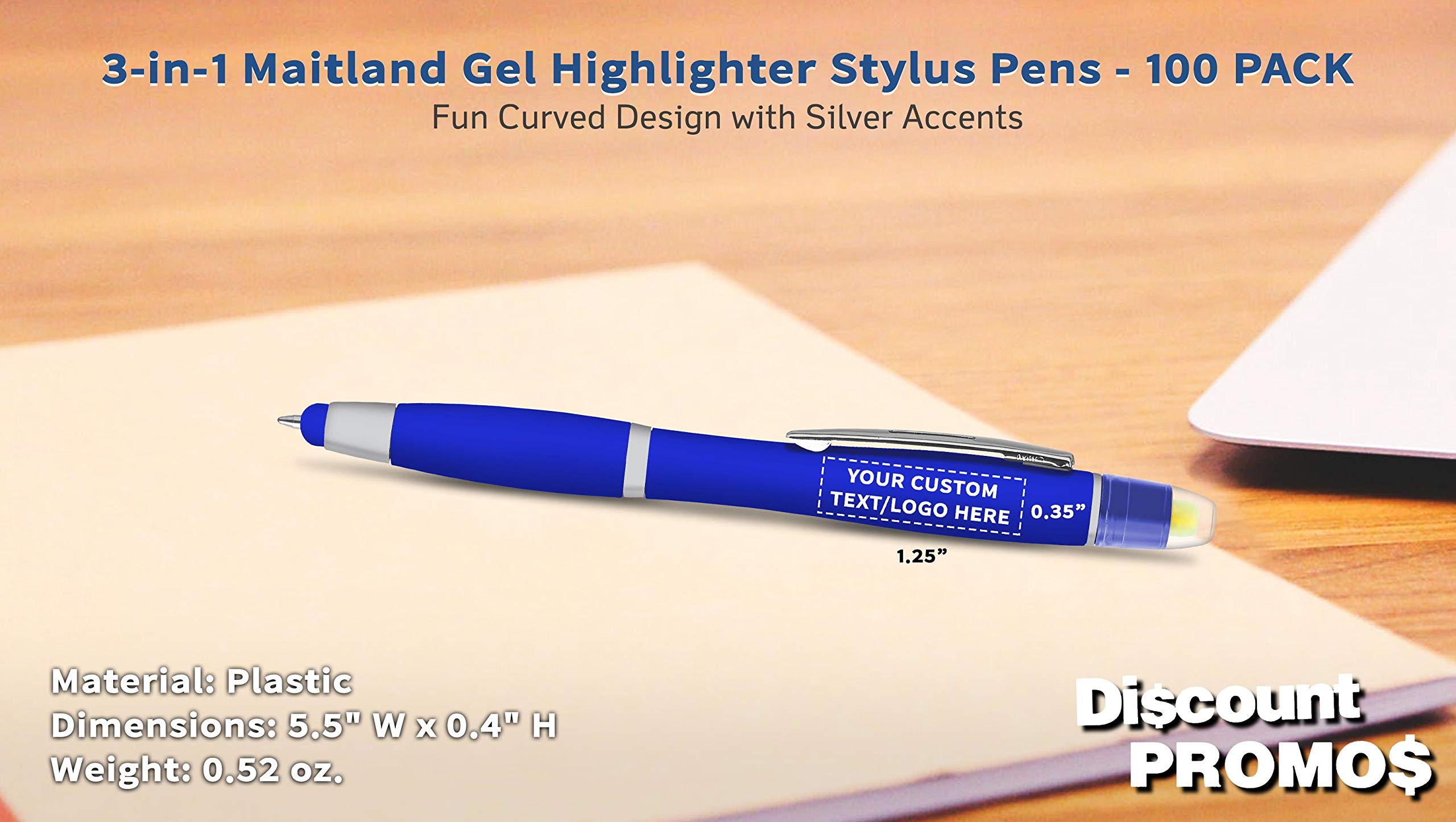 Customizable Blue Maitland Gel Highlighter Stylus Pens - 100 Pack - Smooth Writing Plastic Pens with Personalized Text & Logo - Perfect for Office, School, Note-Taking & Gift Giving