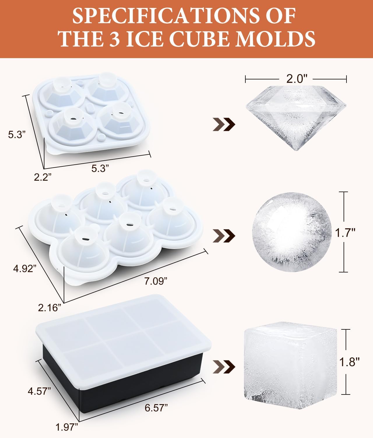 Premium Silicone Ice Cube Trays with Lid - Diamond & Sphere Ice Ball Maker, Square Ice Cube Molds for Whiskey & Cocktails - Reusable Freezer Ice Trays for Homemade Drinks, Parties & Entertaining