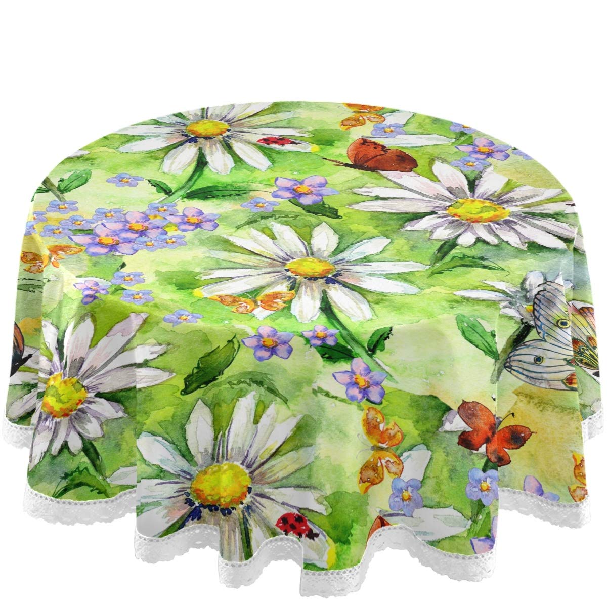 60 Inch Round Waterproof Tablecloth with Purple Flowers, White Daisies and Butterflies - Elegant Table Cover for Outdoor Wedding, Party, Dining Room, Kitchen, and Picnic Use