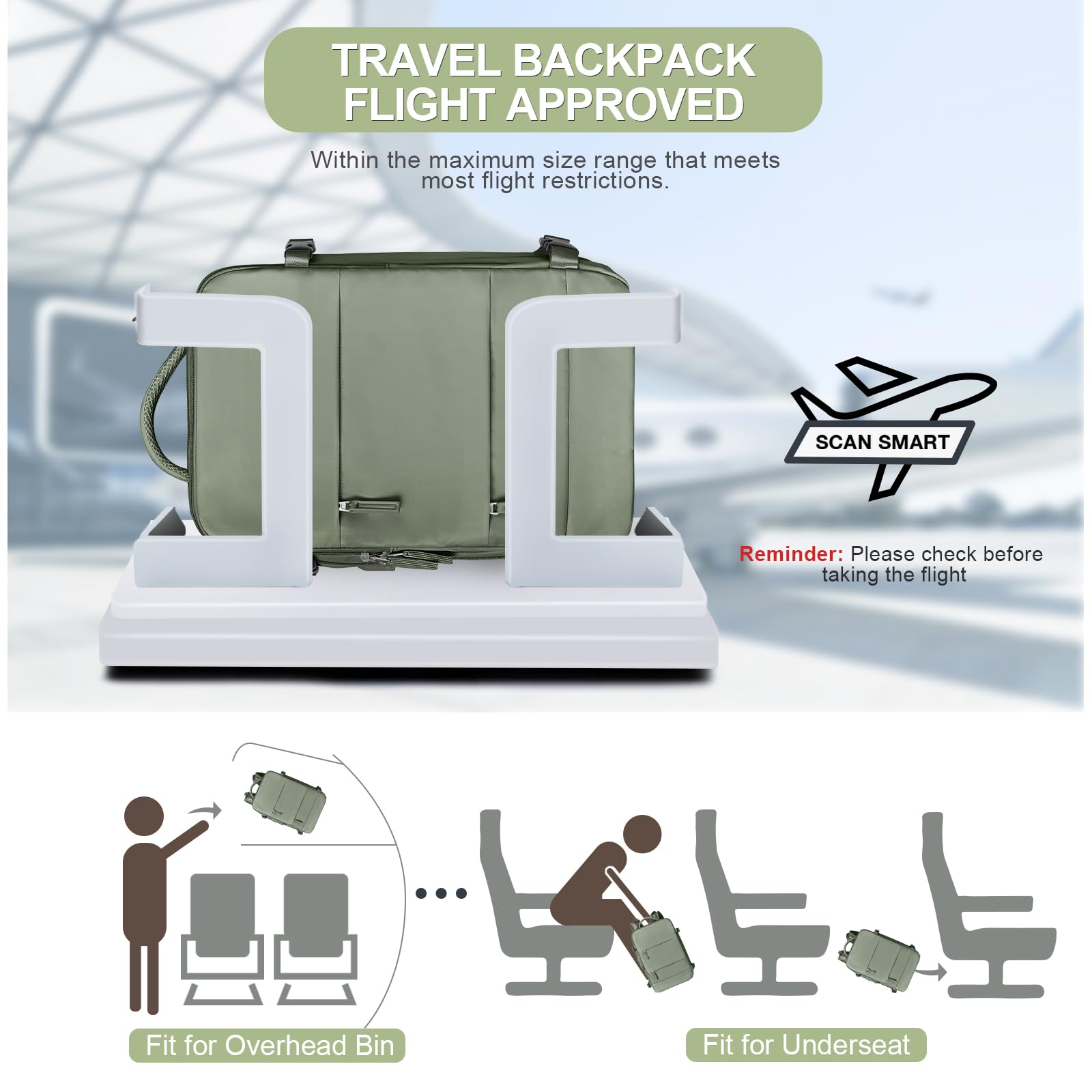 Coofay Airline Approved Carry On Backpack for Women & Men - Waterproof Travel Backpack, Lightweight Hiking Daypack, Casual Sports Luggage (Grey Green) - Perfect for Flights, Commuting, Outdoor Adventures & Daily Use