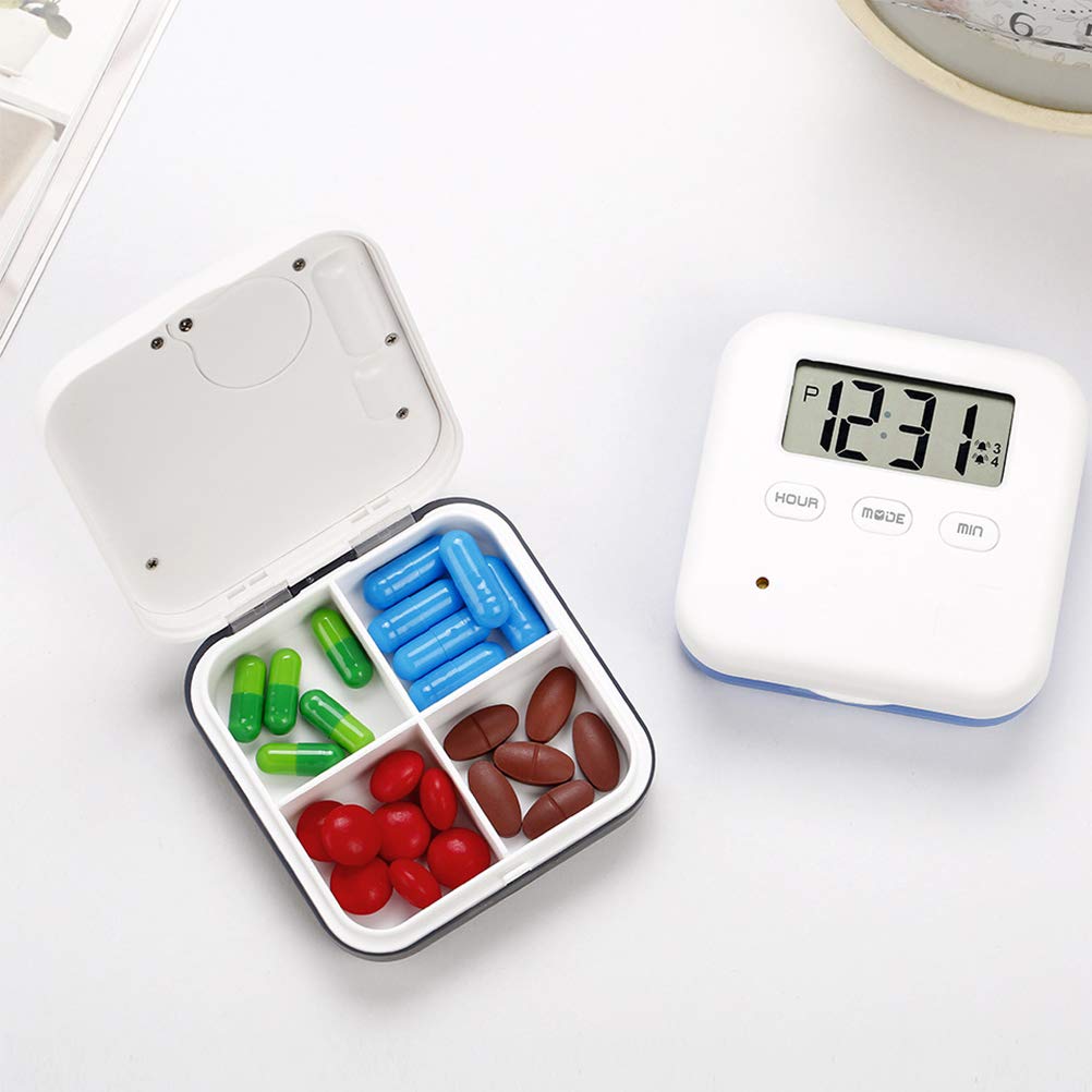 4-Compartment Travel Pill Organizer Box with 5 Alarm Timer - Digital Countdown Display & Daily Medication Reminder (Blue) | Perfect for Travel, Work, and Home Medication Management